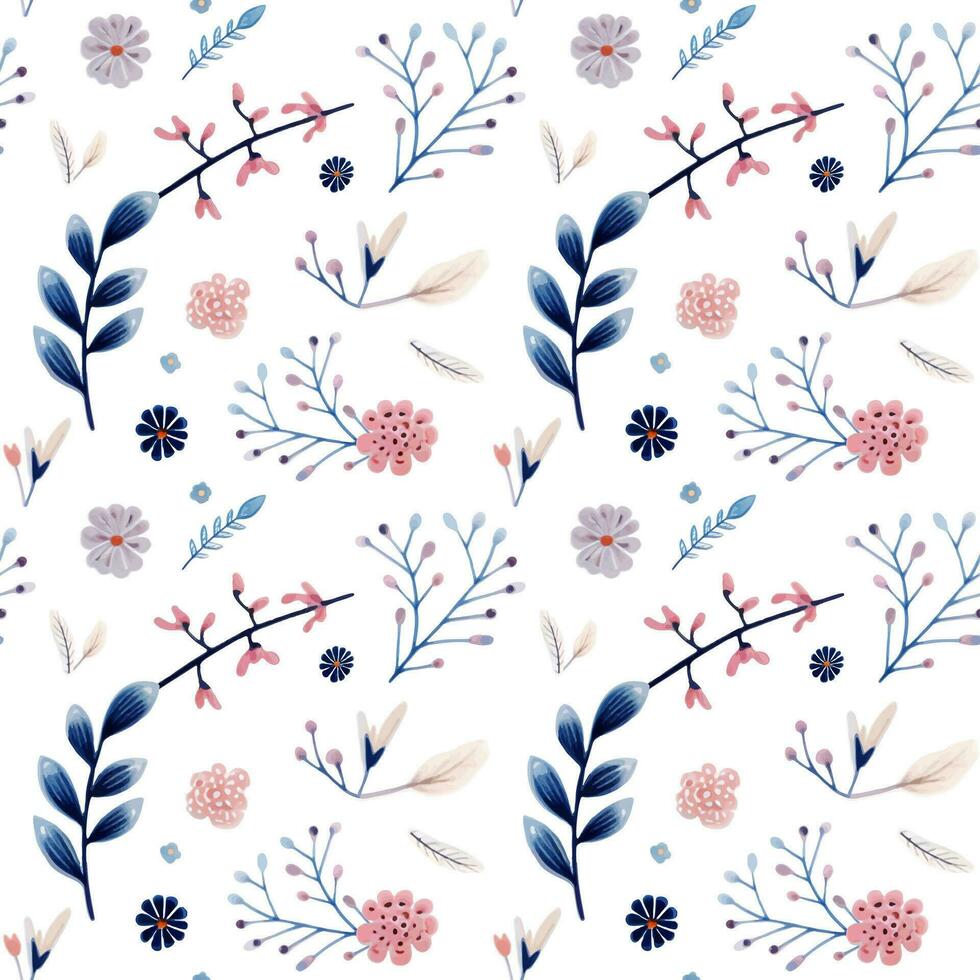 Seamless pattern birds and floral doodle. Watercolor hand drawn background birds and flowers. vector