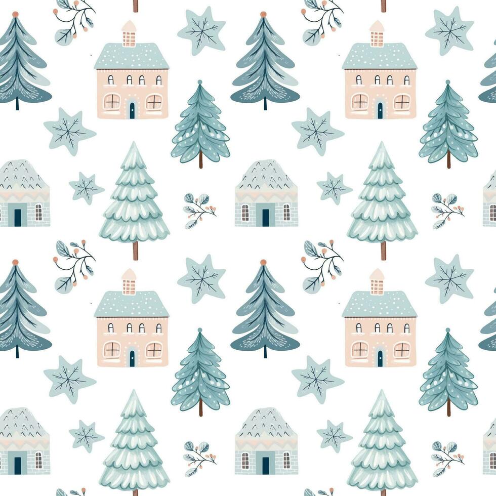 Seamless pattern with snowflake, house and tree. Vector hand drawn christmas elements. Winter background