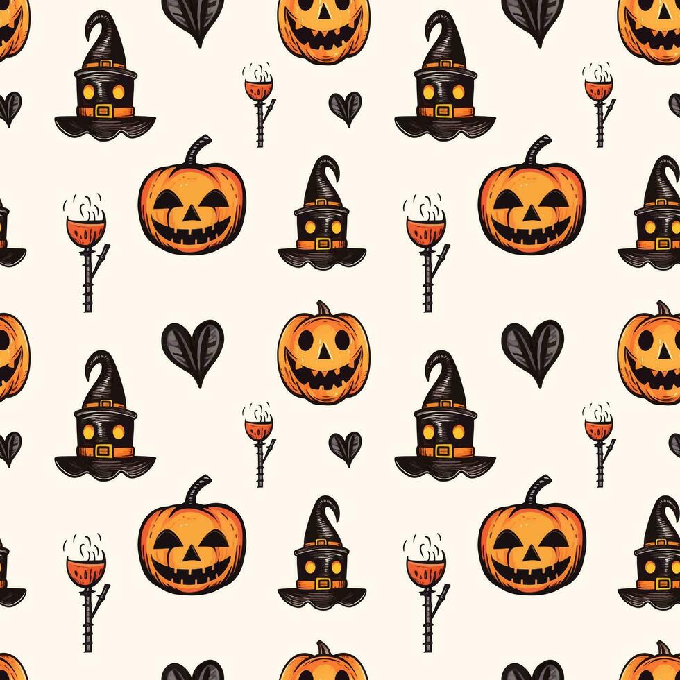Halloween pattern with pumpkin, hat and cup. Autumn halloween background, vector seamless pattern.