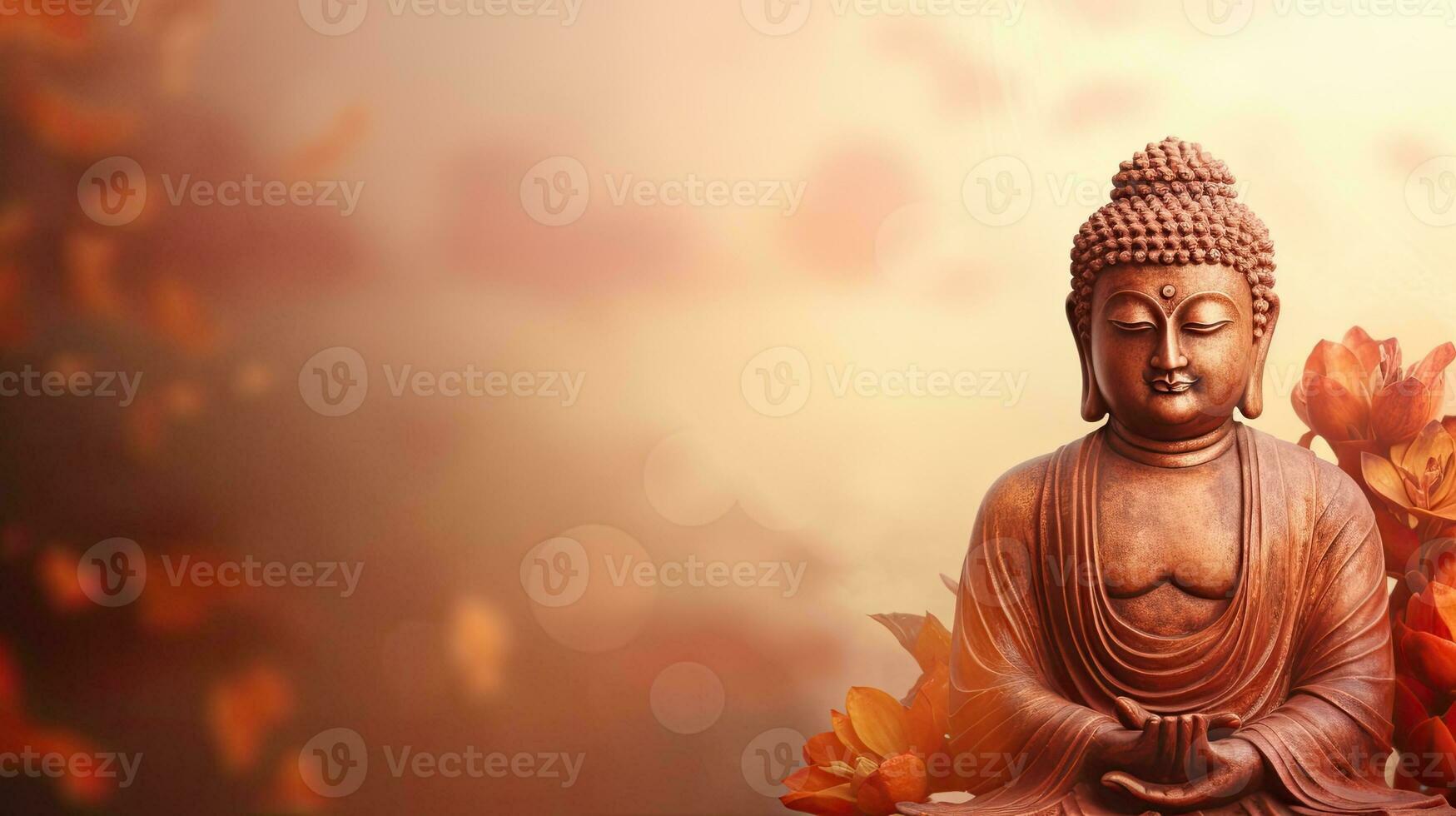 Statue of buddha, buddhism, religion and meditation. Web banner with copy space. Generative AI photo