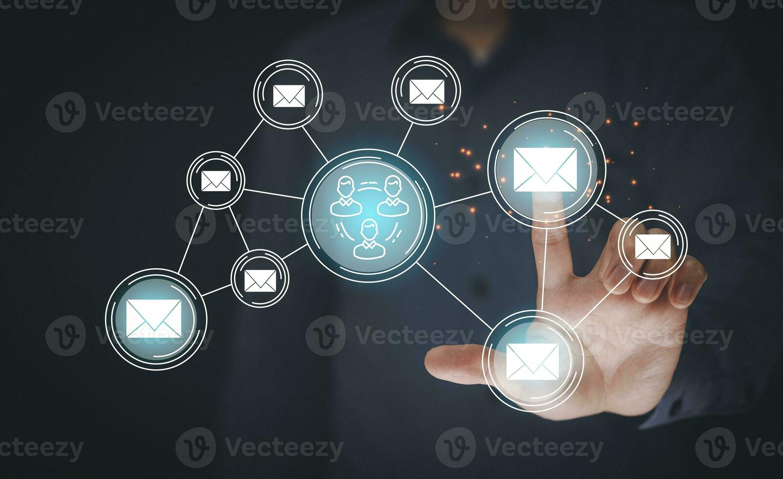 Businessman touch in graph Screen letter Icon  communication icons, letter icon, email icons, and newsletter and protect your personal information or spam mail, Customer service call center contact. photo
