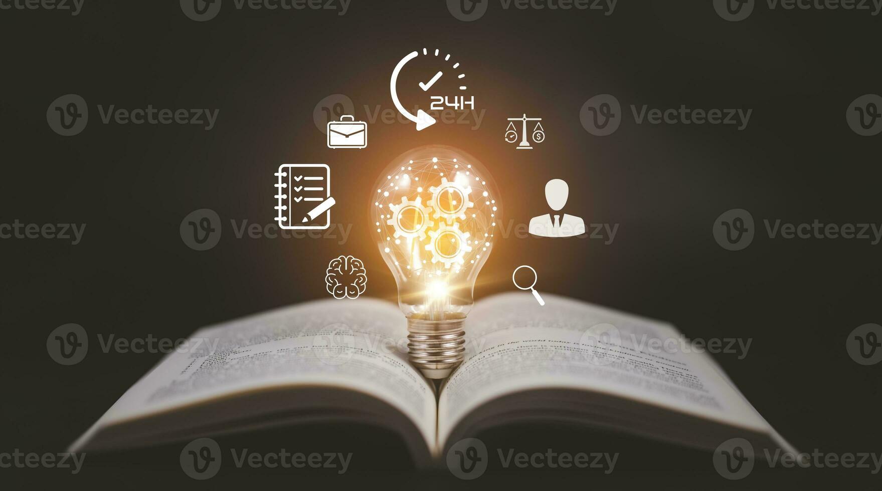 Thinking and creative concept, Light bulb on the Book and light bulb style bokeh vintage dark background,Concept The idea of reading books, knowledge, and searching for new ideas. photo