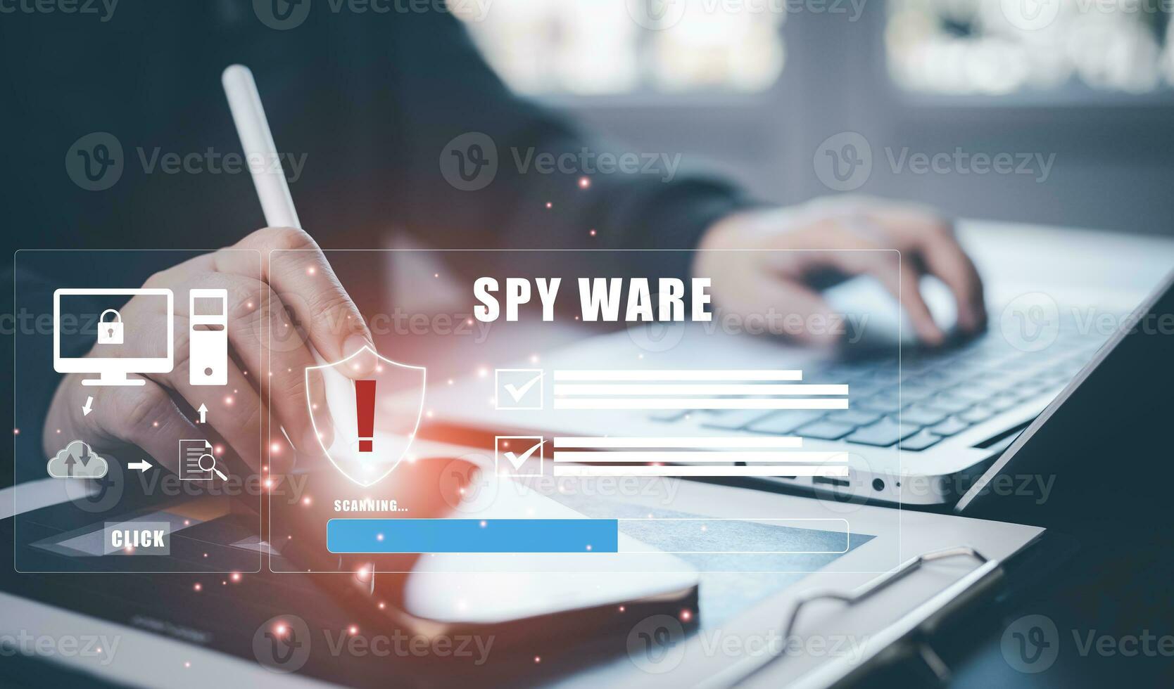 Email concept with laptop spam and virus computer monitor internet security concept, businessman reading electronic mail with a laptop. Spam, junk and e-marketing on screen, Spam Email Pop-up Warning. photo