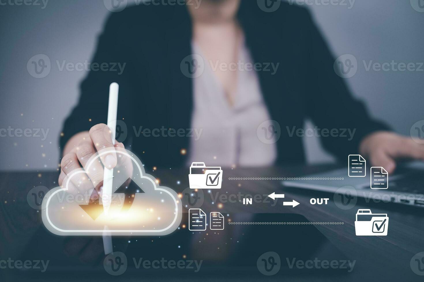 Business people using laptop with cloud computing system , Storage and data transfer Cloud network, Cloud technology. Networking and internet service, sharing download and upload and internet service photo