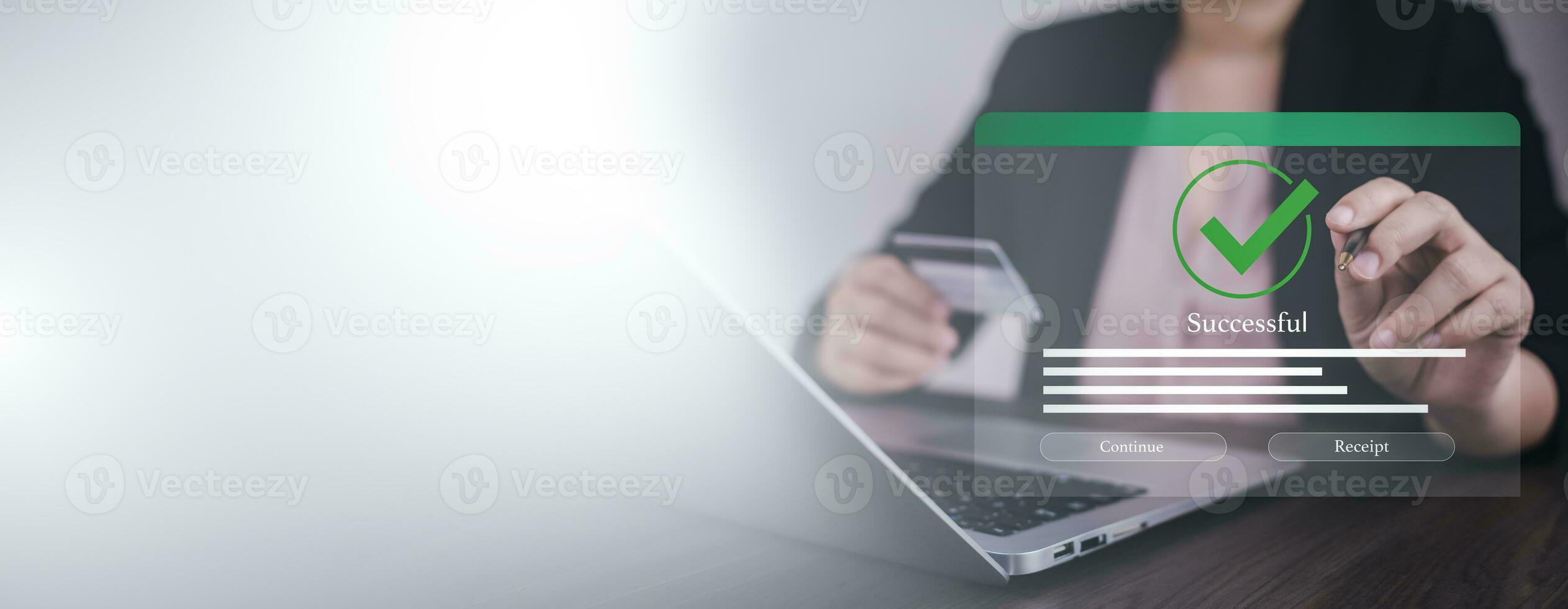 Laptop with Online payment, Hand hold smartphone banking online bill payment Approved concept button, credit card and network connection icon on business technology virtual screen background photo