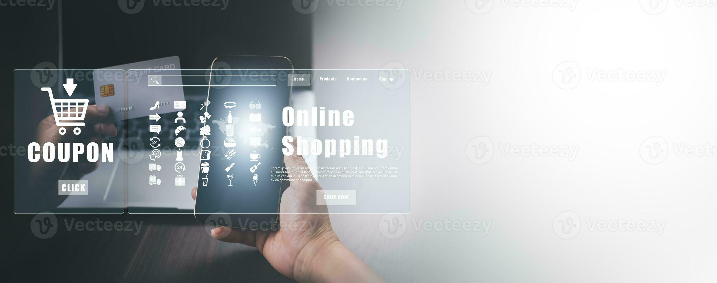 Businessman using a laptop with online shopping concept, marketplace website with virtual interface of online Shopping cart part of the network, Online shopping business with selecting shopping cart. photo