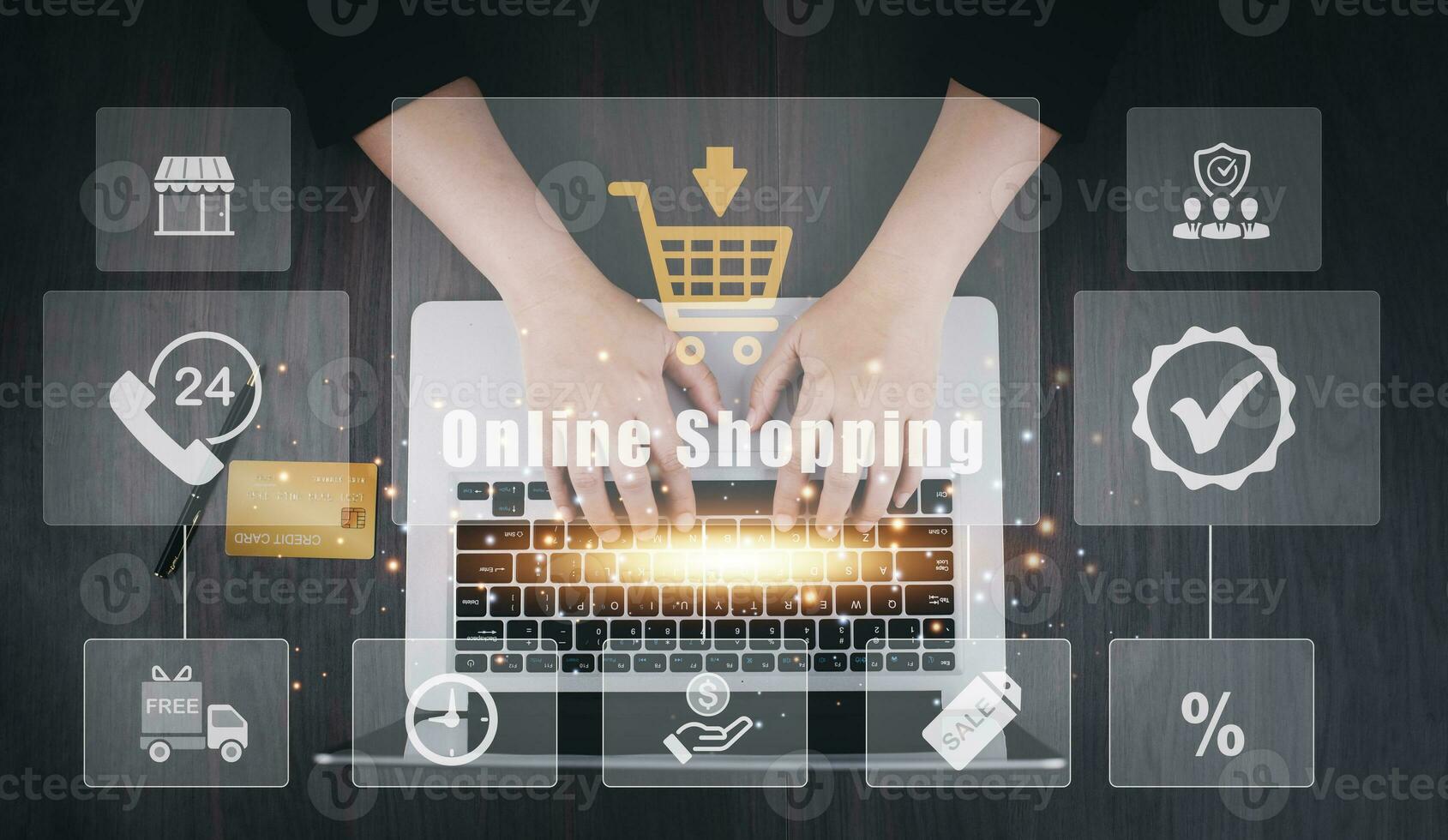 Businessman using a laptop with online shopping concept, marketplace website with virtual interface of online Shopping cart part of the network, Online shopping business with selecting shopping cart. photo