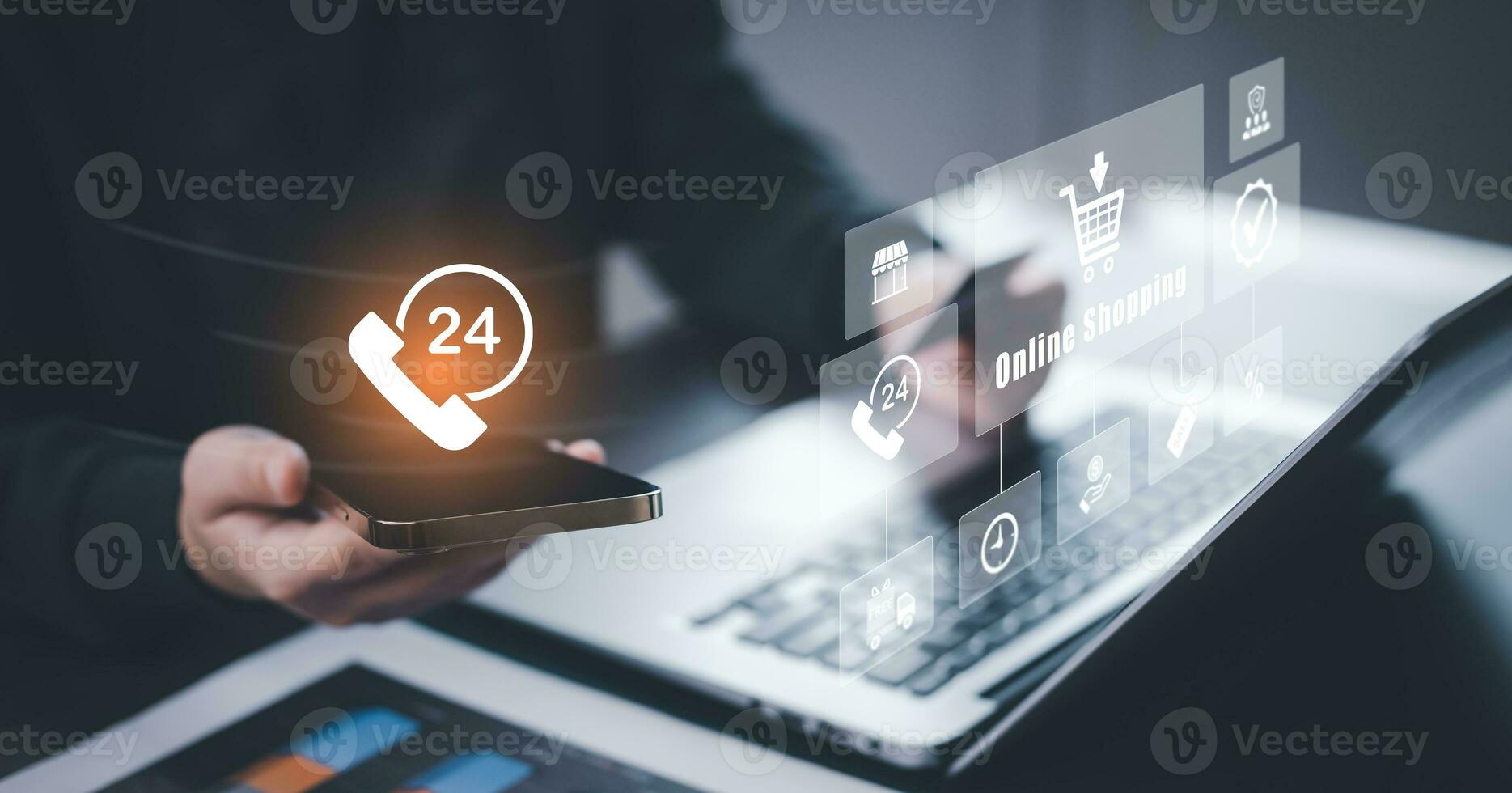 Online shopping with laptop computer concept, Hand hold smartphone and laptop for online shopping showing payment details, E-commerce shop ecommerce website with smartphone shopping cart online photo