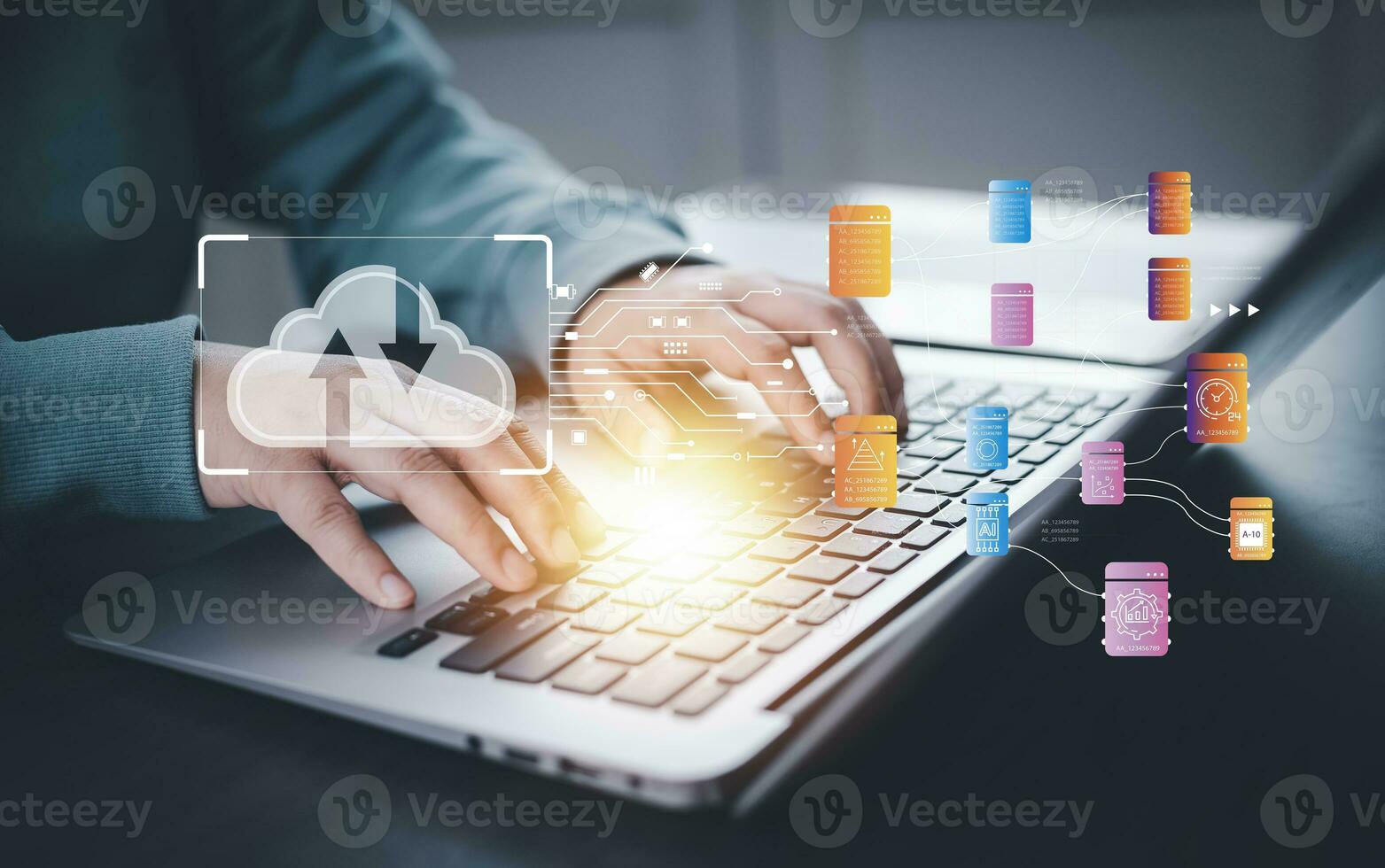 Business people using laptop with cloud computing system , Storage and data transfer Cloud network, Cloud technology. Networking and internet service, sharing download and upload and internet service photo