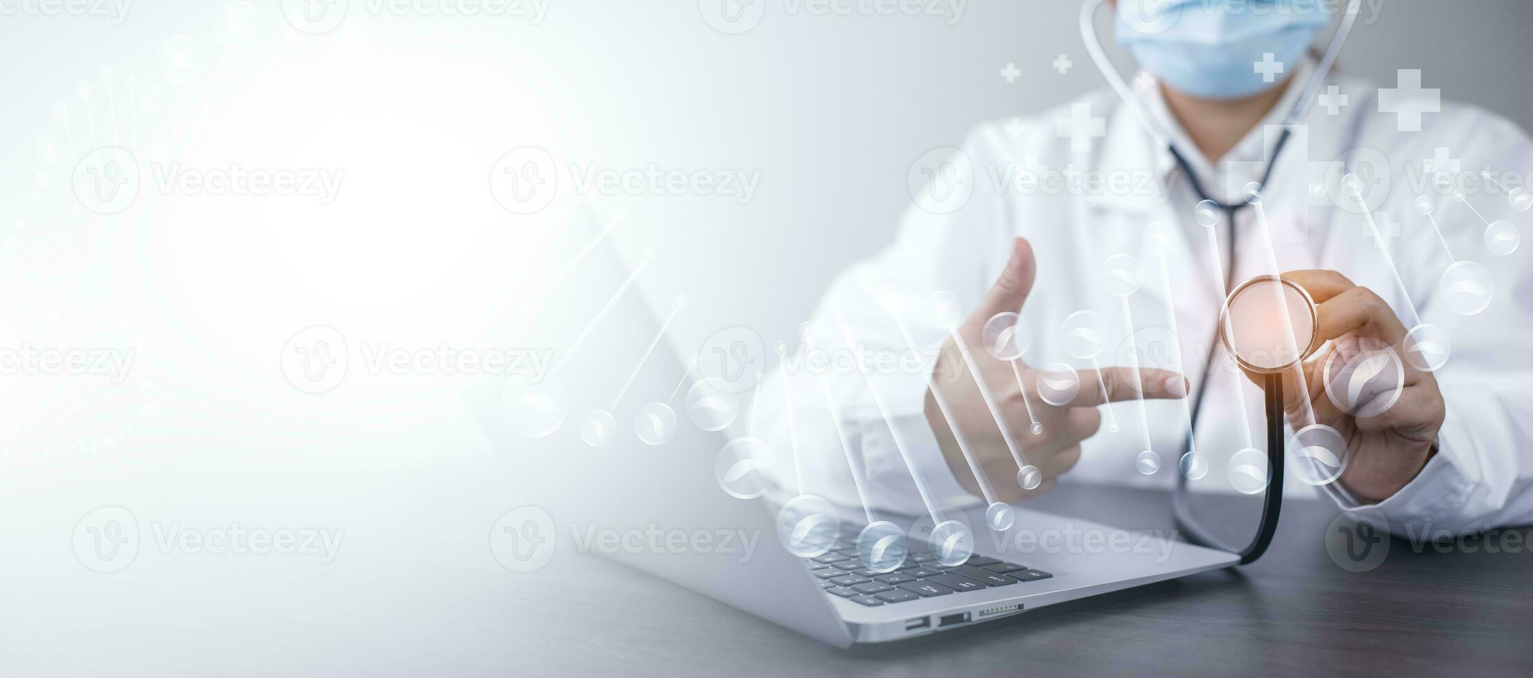 Medical doctors hands working Laptops with the modern interface as a medical network concept, DNA molecule research on the white background concept, Creation technologies for connection Mixed media photo