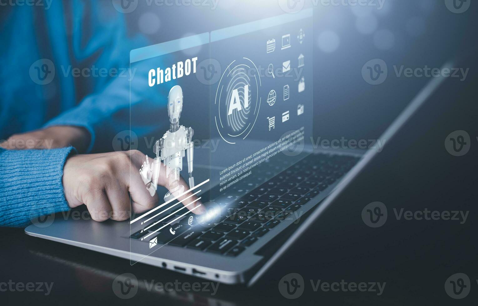 Man using laptop and touch bar Chat bot Chat with AI, Artificial Intelligence,System Artificial intelligence an artificial intelligence chatbot, Digital chatbot, Robot application, conversation photo