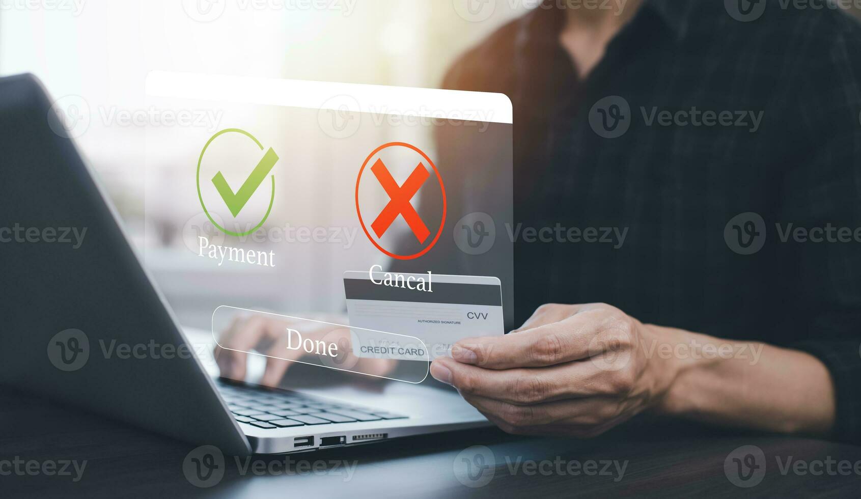 Online payment with digital marketing, Smartphone with banking online bill payment Approved concept button, credit card and network connection icon on business technology virtual screen background photo