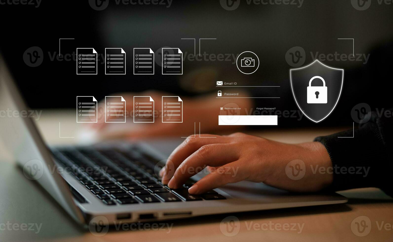 Cyber security and Security password login online concept  Hands typing and entering username and password of social media, log in with smartphone to an online bank account, data protection hacker photo