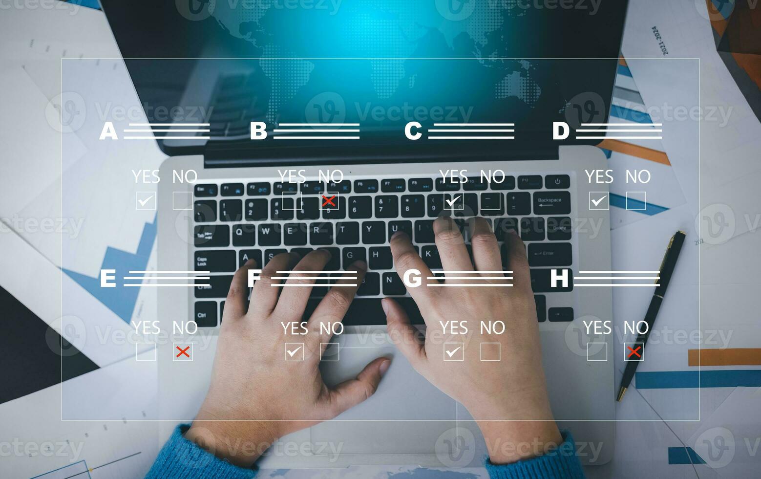 checklist and clipboard task documentation management, business people working laptop checklist questionnaire assessment form, online survey online exam Choosing the right answer in the exam photo