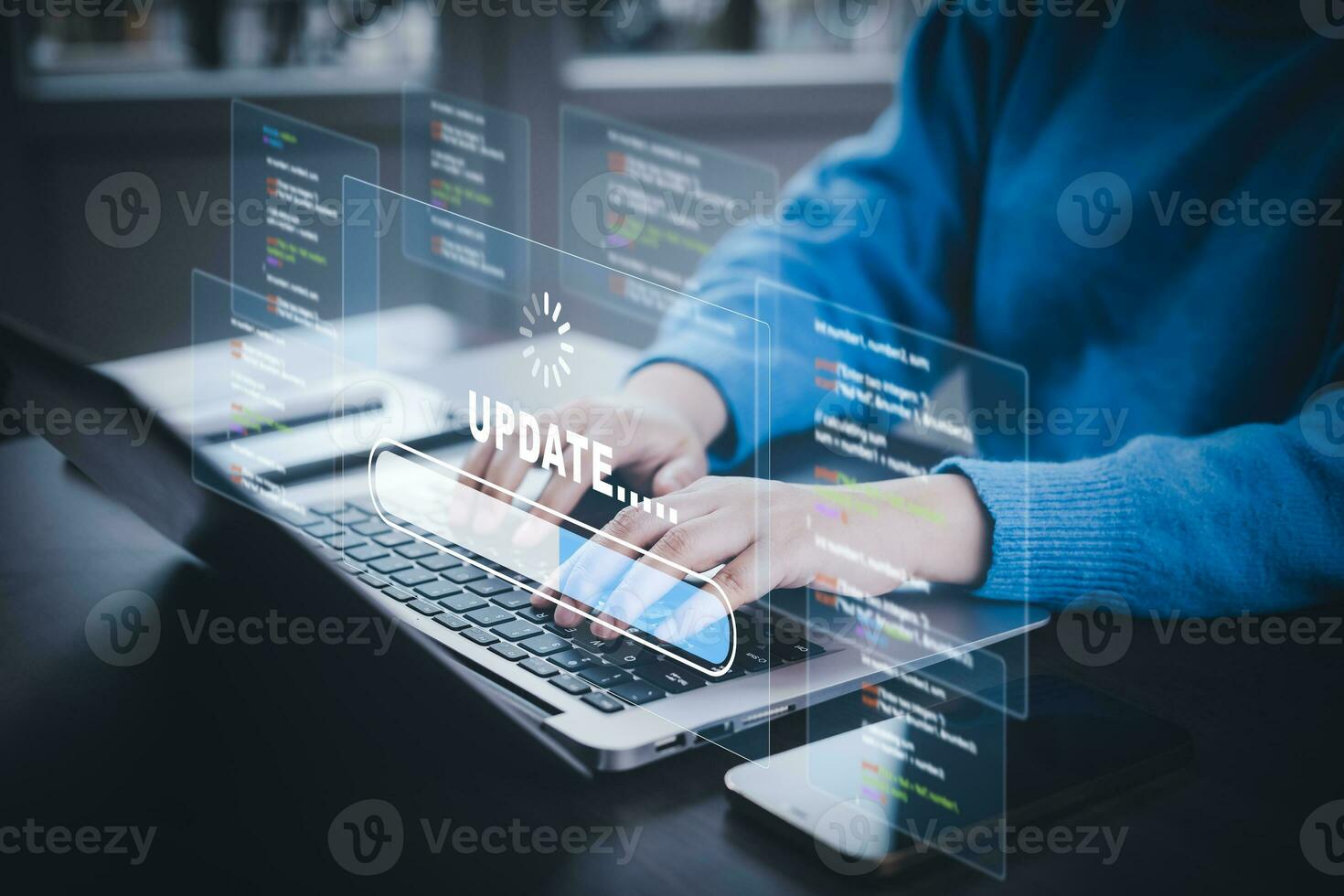 Smartphone and laptop with Update Software Computer Program Upgrade Business Technology Internet, Update on virtual screen. Internet and technology concept, loading bar with installing the update, photo