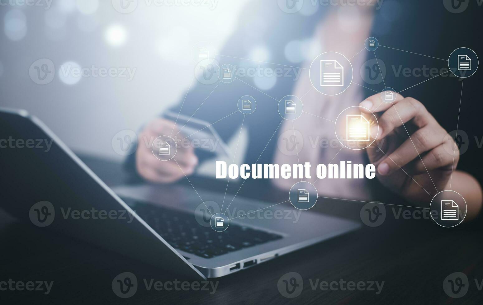 negocio personas trabajando en ordenador portátil con virtual pantalla. en línea documentación base de datos, eso consultor siendo conjunto arriba virtual documento administración sistema con computadora portátil, software para archivar corporativo archivos. foto