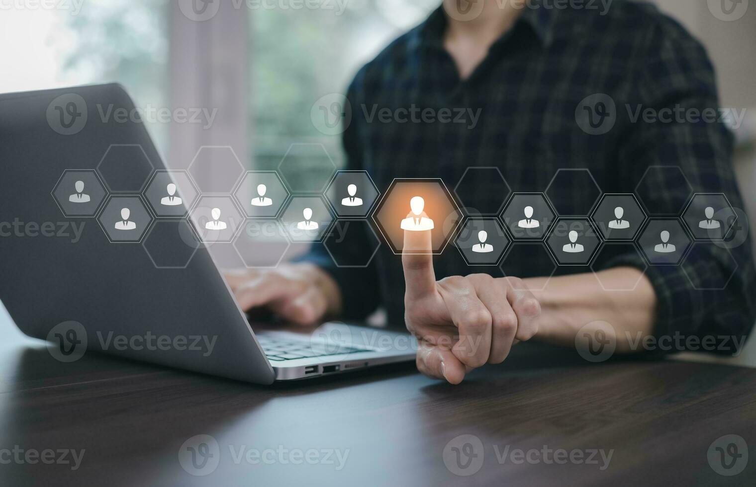 Customer Relationship Management ,Businessman hand touch people global icon structure , Data exchanges development. customer service, social media, digital marketing online, Social Internet network,HR photo