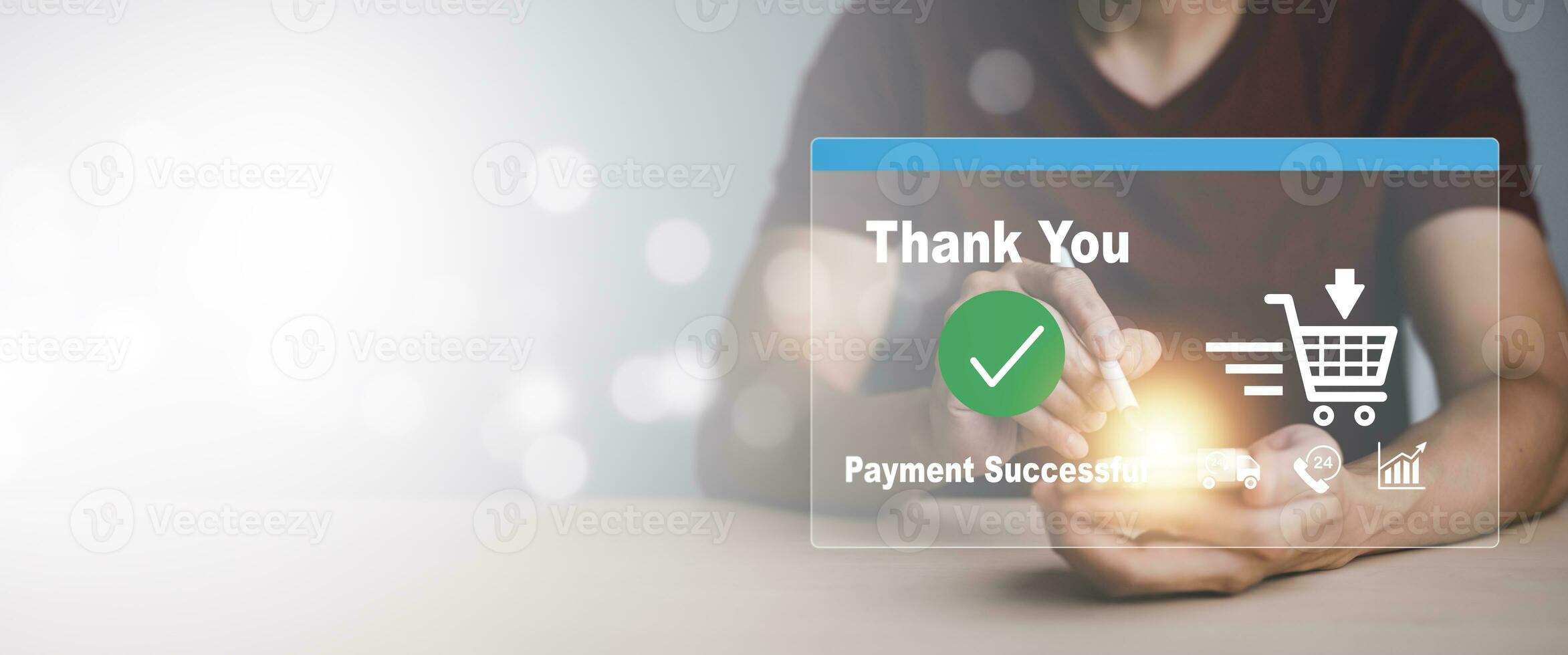 Online payment with digital marketing, Smartphone with banking online bill payment Approved concept button, credit card and network connection icon on business technology virtual screen background photo