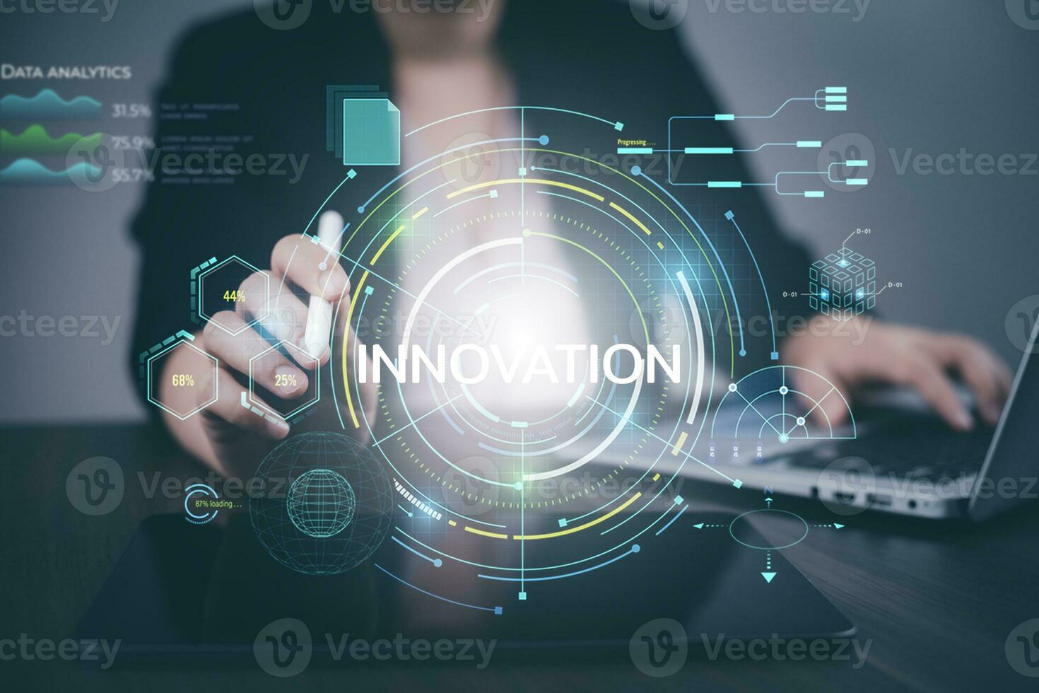 Innovation with Graphical User Interface Concept, businessman pointing on a virtual panoramic screen. Innovative ideas presented by management consultants on-screen, design, invention development photo