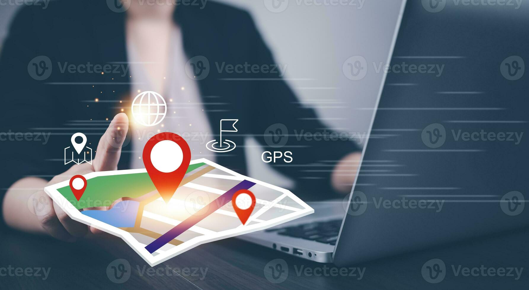 Woman using Smartphone with virtual world and model map with location point, GPS app, icon Travel maps and find places in the online system, all screen graphics are generated, Searching for travel. photo