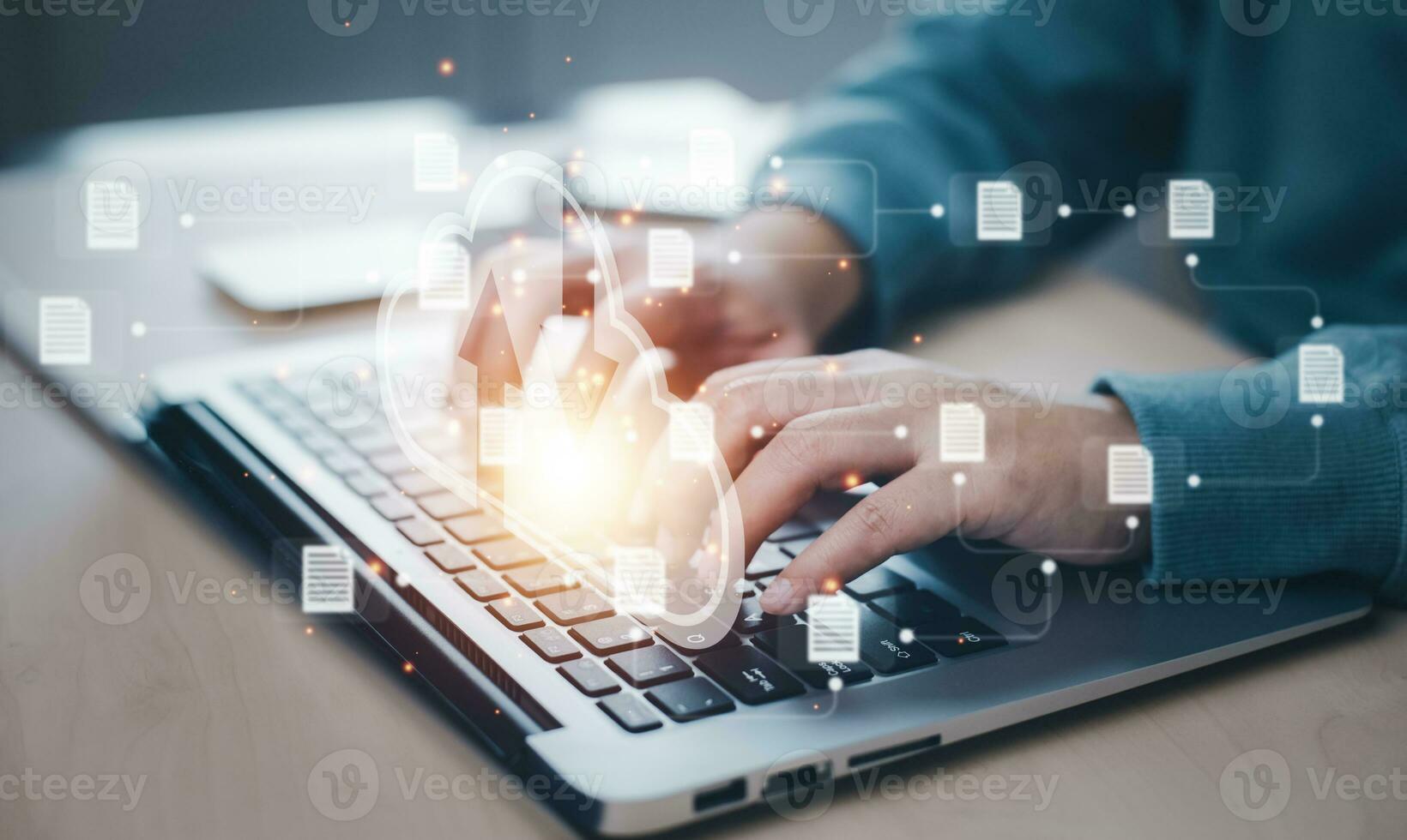 Business people using laptop with cloud computing system , Storage and data transfer Cloud network, Cloud technology. Networking and internet service, sharing download and upload and internet service photo