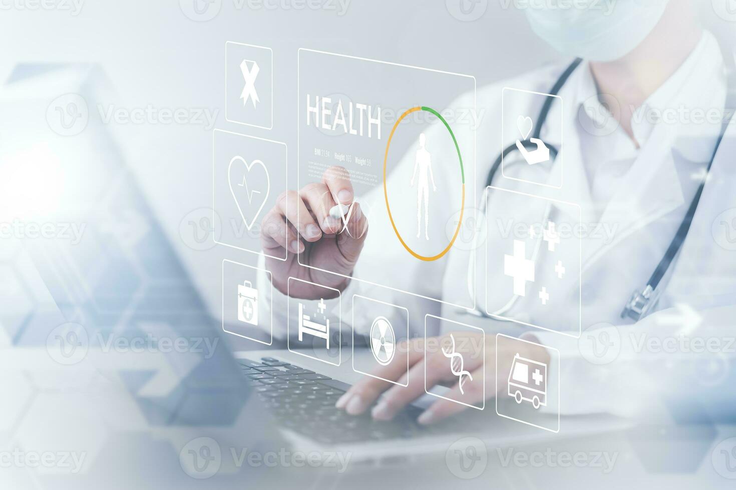 Medical doctor and medical technology and futuristic concept, Doctor using laptop and health medical network connection icon on virtual screen interface, Modern medical technology and innovation. photo