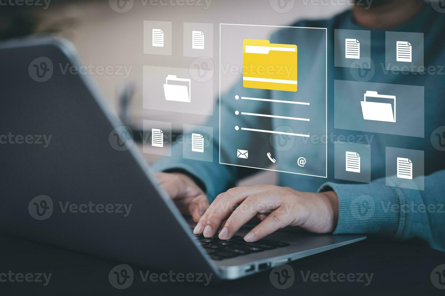 Businesswoman working on laptop with virtual screen. Online documentation database, IT consultant being set up Virtual Document Management System with a laptop, Software for archiving corporate files. photo