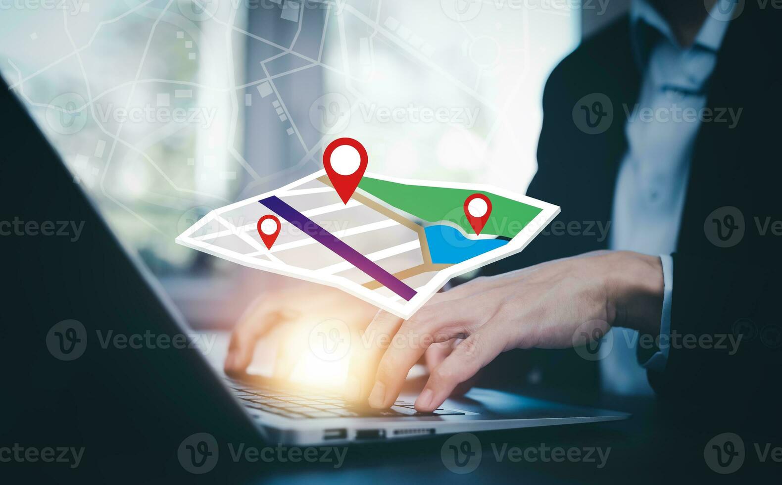 Man using Smartphone with virtual world and model map with location point, GPS app, icon Travel maps and find places in the online system, all screen graphics are generated, Searching for travel. photo