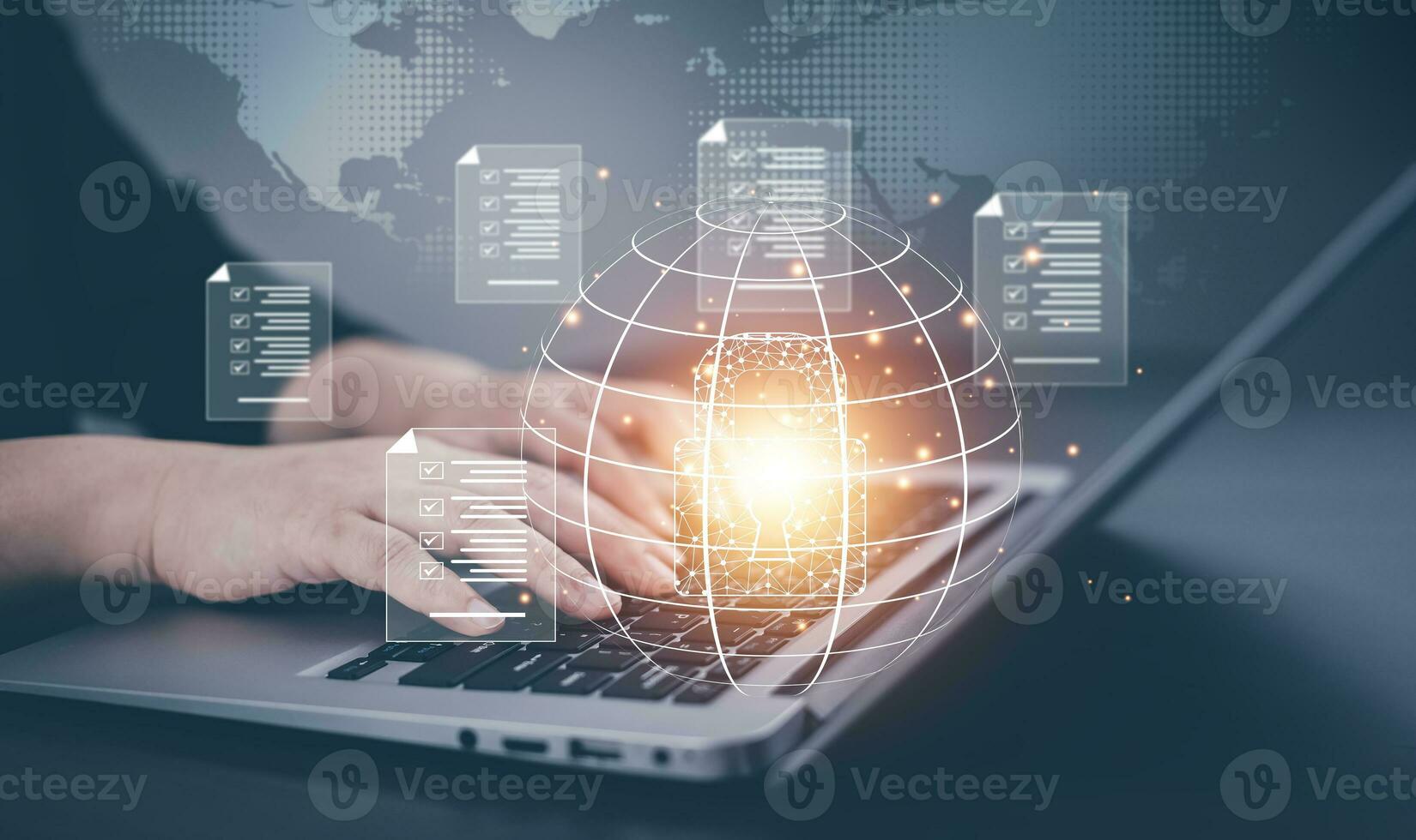 Businesswoman working on laptop with virtual screen. Online documentation database, IT consultant being set up Virtual Document Management System with a laptop, Software for archiving corporate files. photo