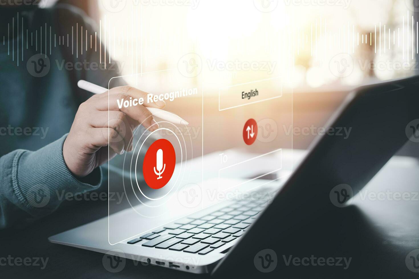 Businessman using laptop and touch microphone button on virtual screen. Blog blog speak talk advertising presentation,Voice recognition, speech detection and deep learning application,Voice Assistance photo