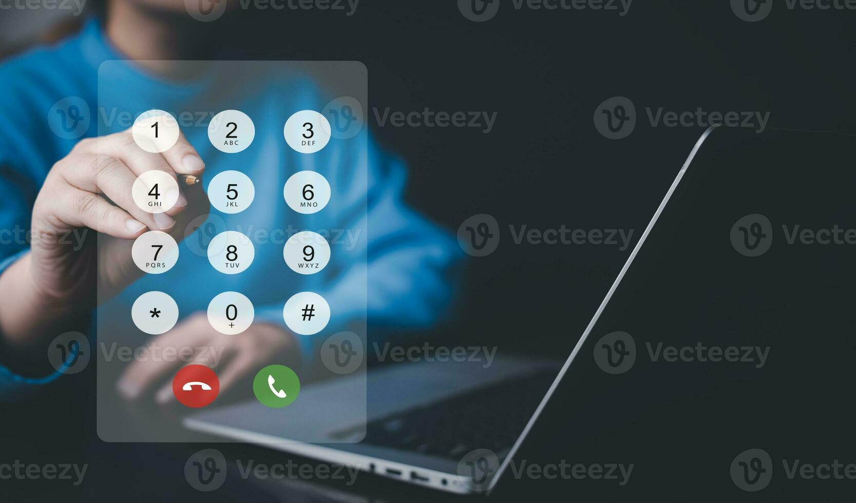 Dialing on virtual telephone keypad with transparent telephone buttons, businessman touch button of telephone number on screen, Finger touch number on smartphone to make a call, close up photo