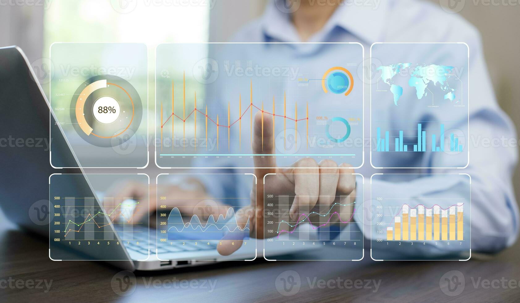 Working Data Analytics and Data Management Systems and Metrics connected to corporate strategy database for Finance, Intelligence,  Business Analytics with Key Performance Indicators, social network photo