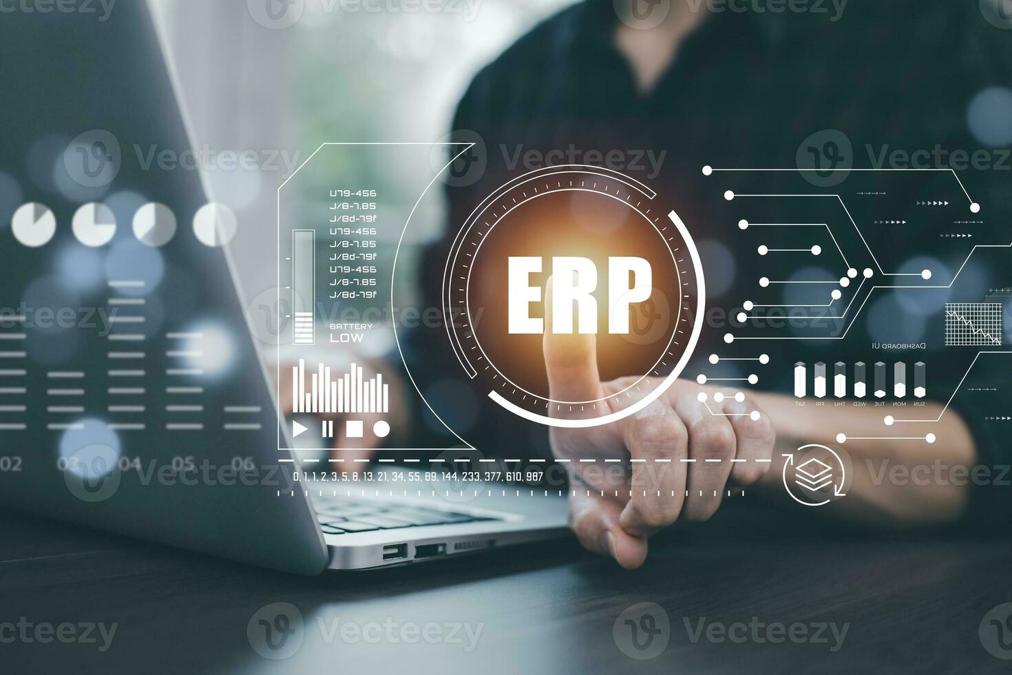 Business people using a laptop with document management for ERP. Enterprise resource planning concept,Enterprise Resource Management ERP software system for business resources plan presented. photo