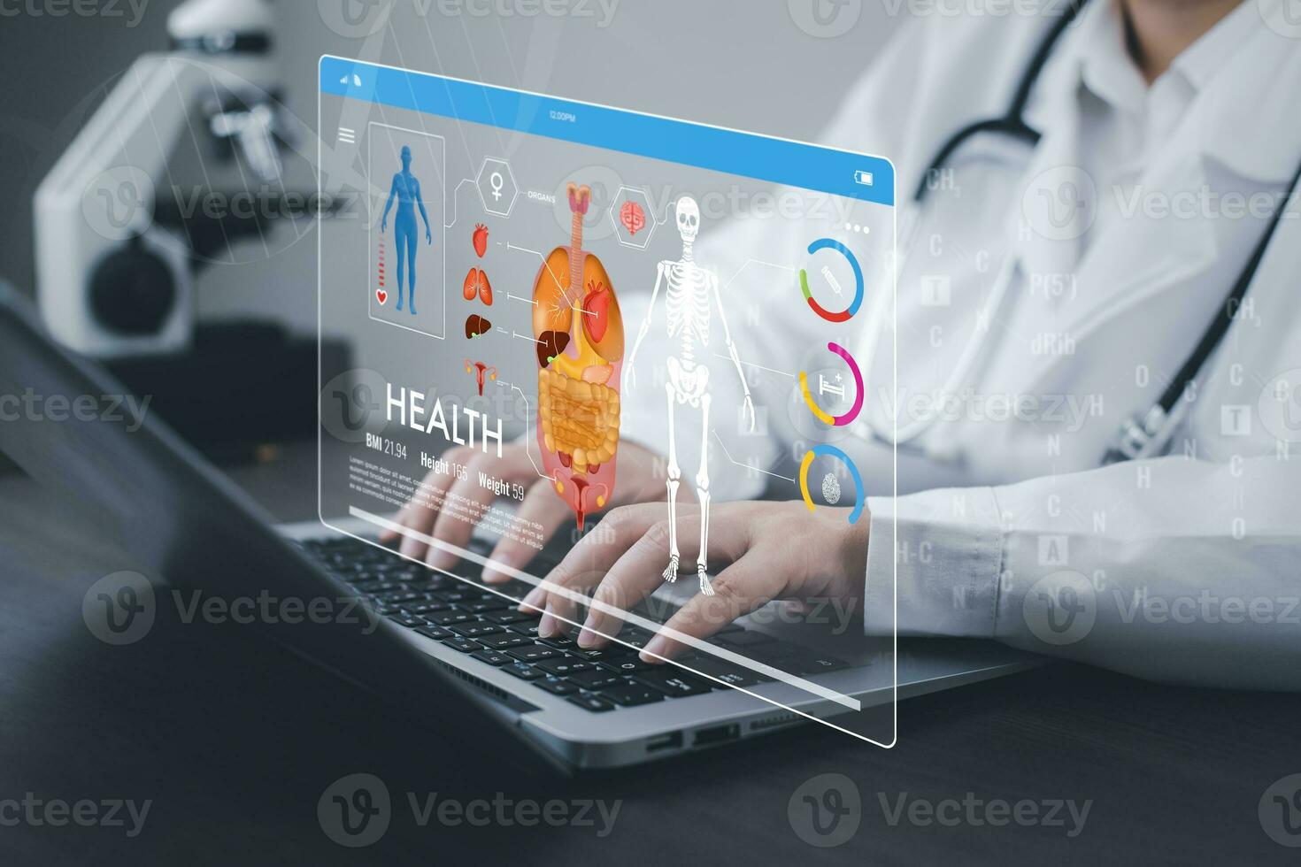 Medical doctor and medical technology and futuristic concept, Doctor using laptop and health medical network connection icon on virtual screen interface, Modern medical technology and innovation. photo