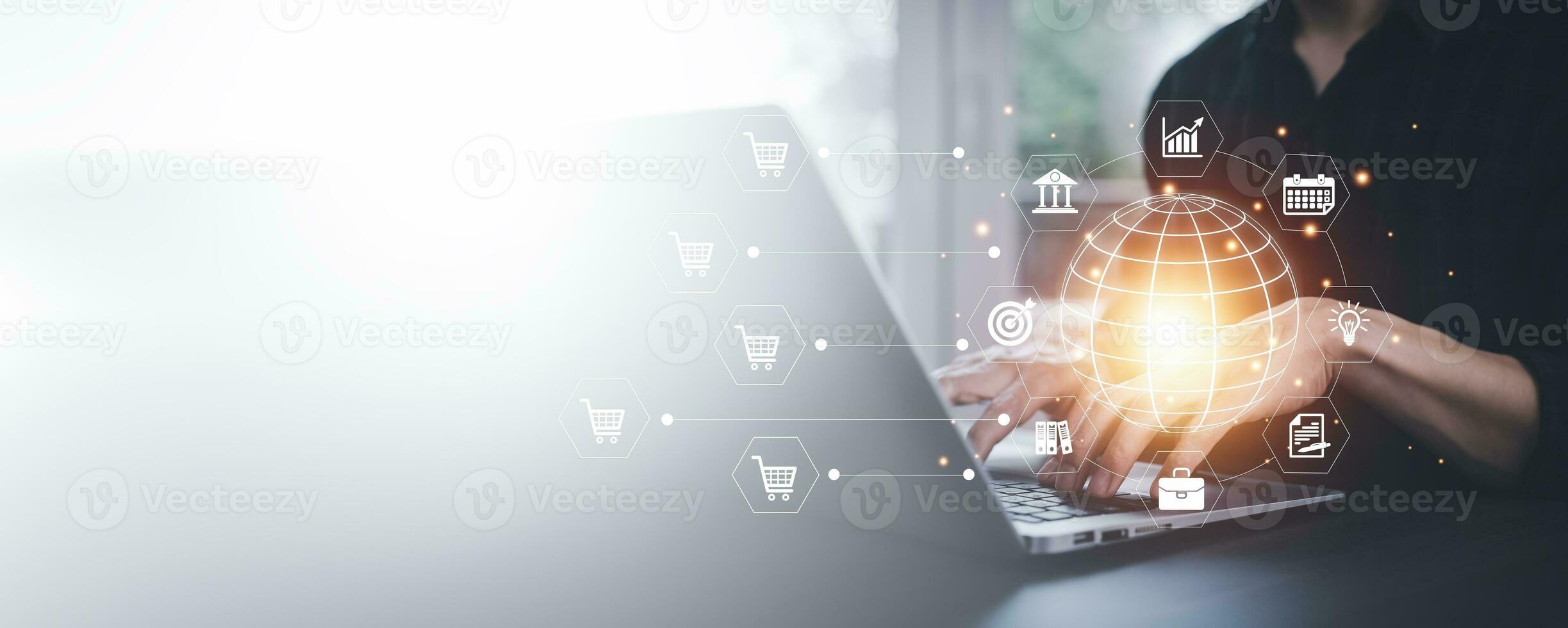 Businessman using laptop with online shopping concept, marketplace website with virtual interface of online Shopping cart part of the network, Online shopping business with selecting shopping cart. photo