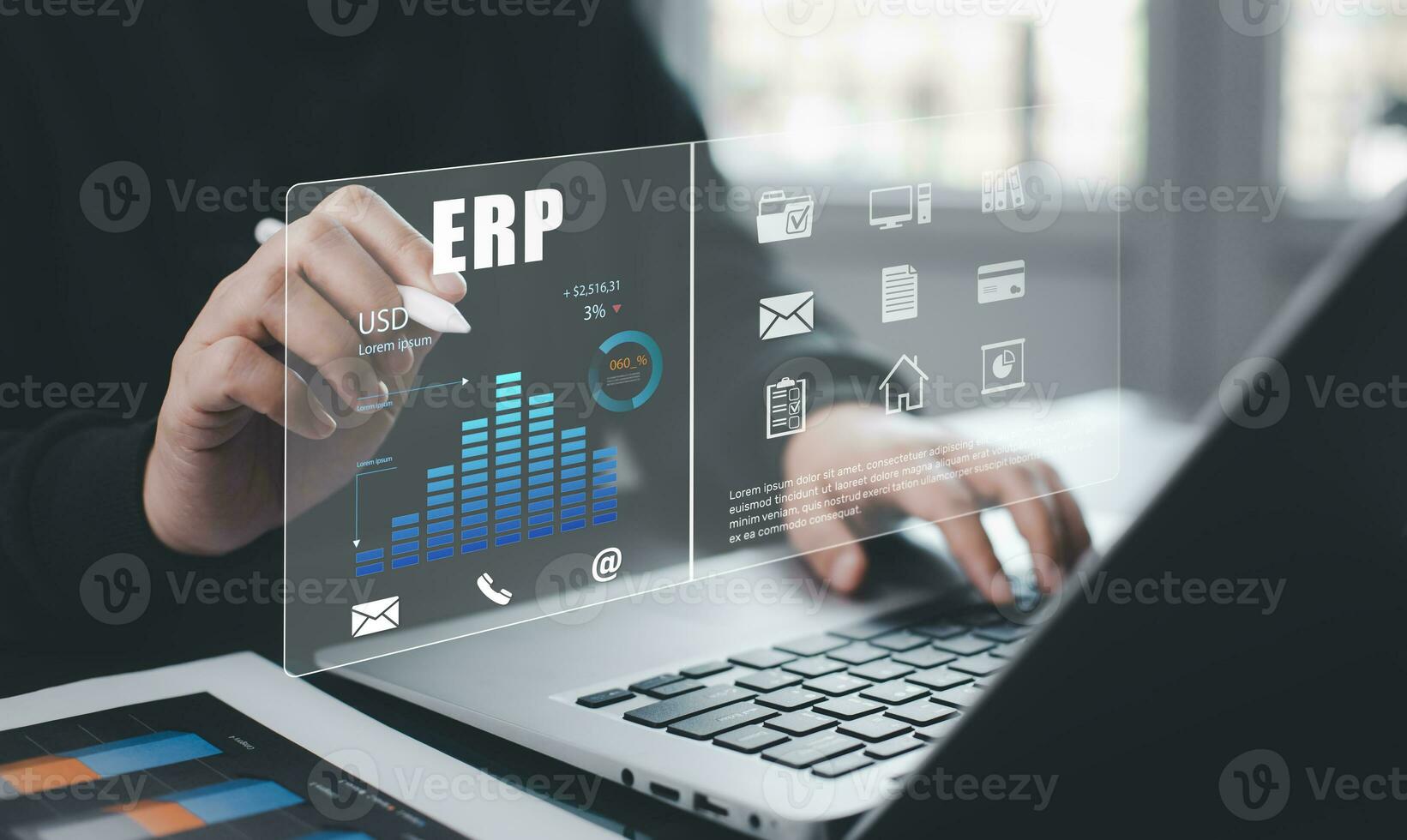 Enterprise Resource Planning ERP Corporate Company Management Business Internet Technology Concept, Businessman using laptop with document management, enterprise resource management software system photo