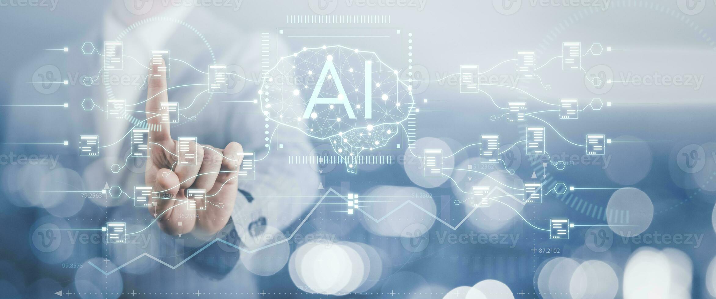 Programmer people working laptops or smartphones with AI, artificial intelligence software engineer coding on laptop computers with technology icons and binary code, big data, Ai bot digital machine photo