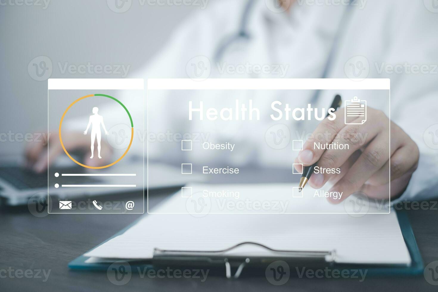 Medical doctor and medical technology and futuristic concept, Doctor using laptop and health medical network connection icon on virtual screen interface, Modern medical technology and innovation. photo