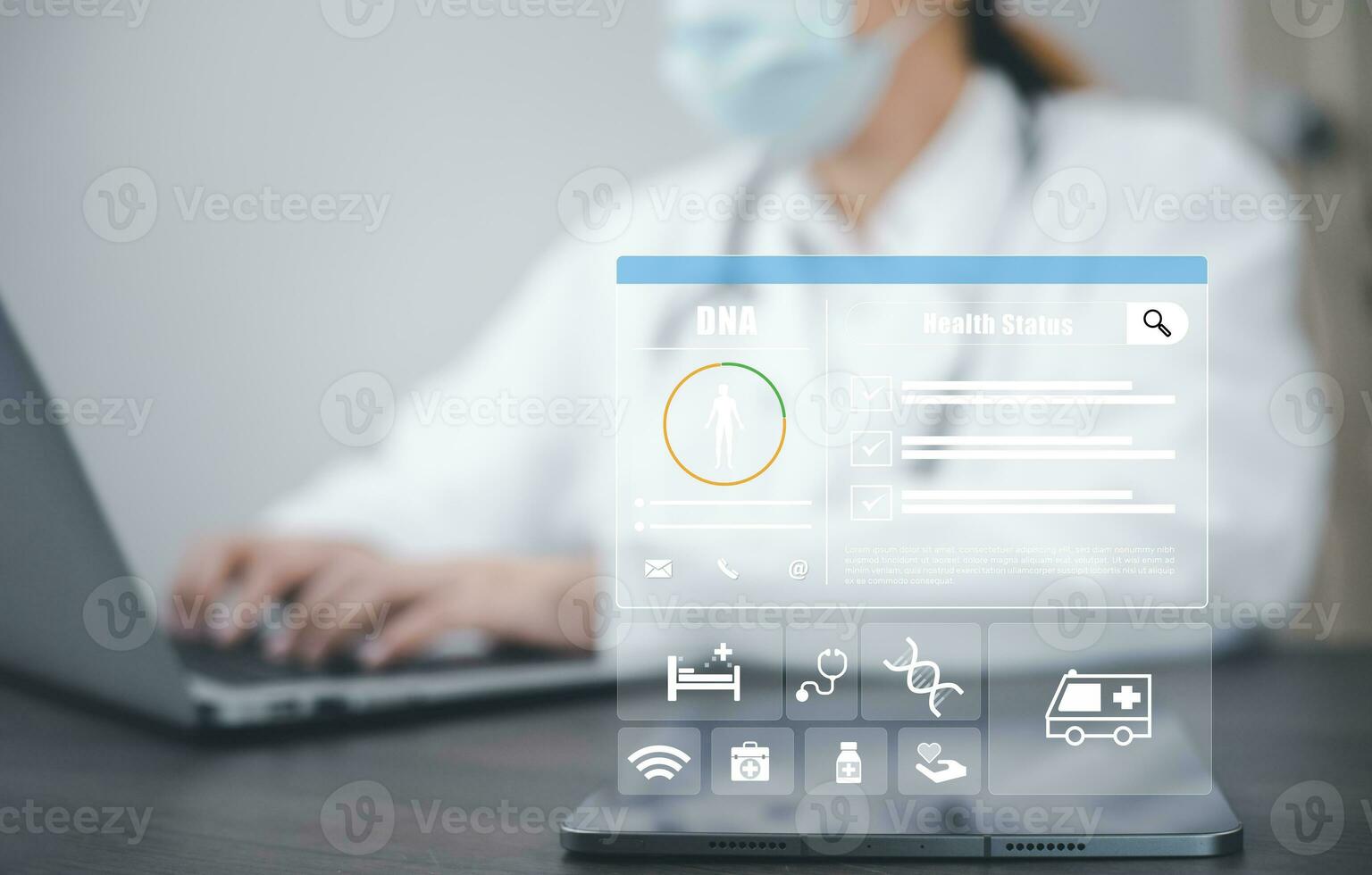 Medical doctor and medical technology and futuristic concept, Doctor using laptop and health medical network connection icon on virtual screen interface, Modern medical technology and innovation. photo