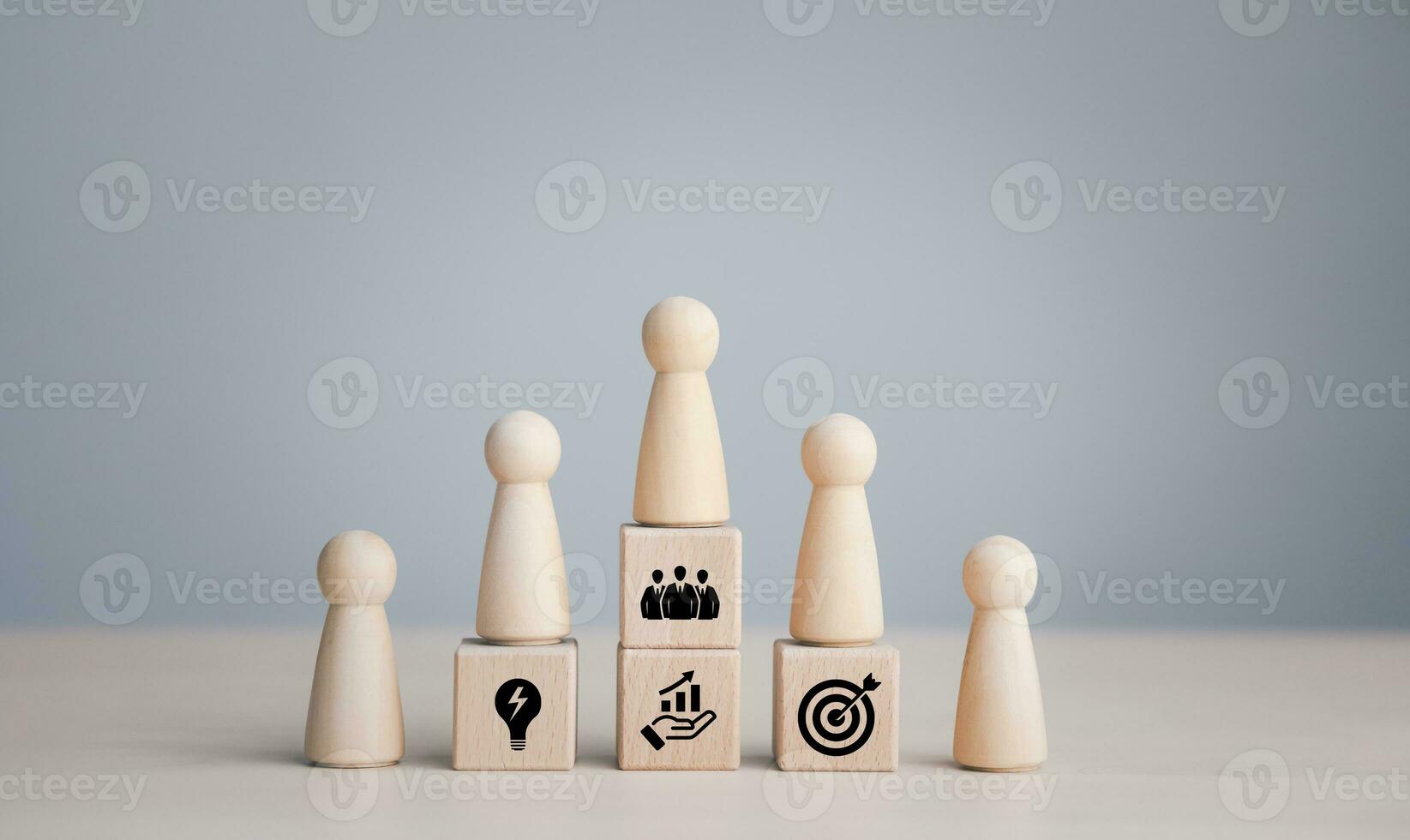 Winners figures on pedestal and losers on floor, Business hierarchy, ranking, wooden doll woman walking up stack cubs wood with Action plan, Goal and new target, success and business target concept, photo