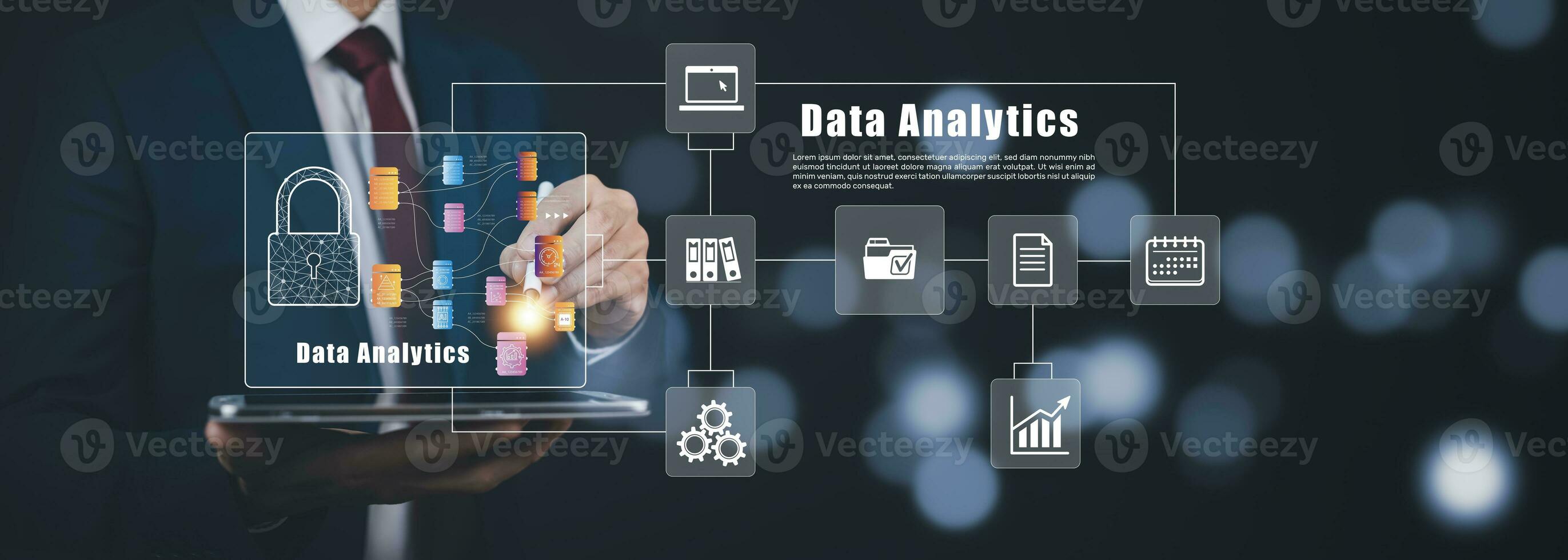 Working Data Analytics and Data Management Systems and Metrics connected to corporate strategy database for Finance, Intelligence,  Business Analytics with Key Performance Indicators, photo