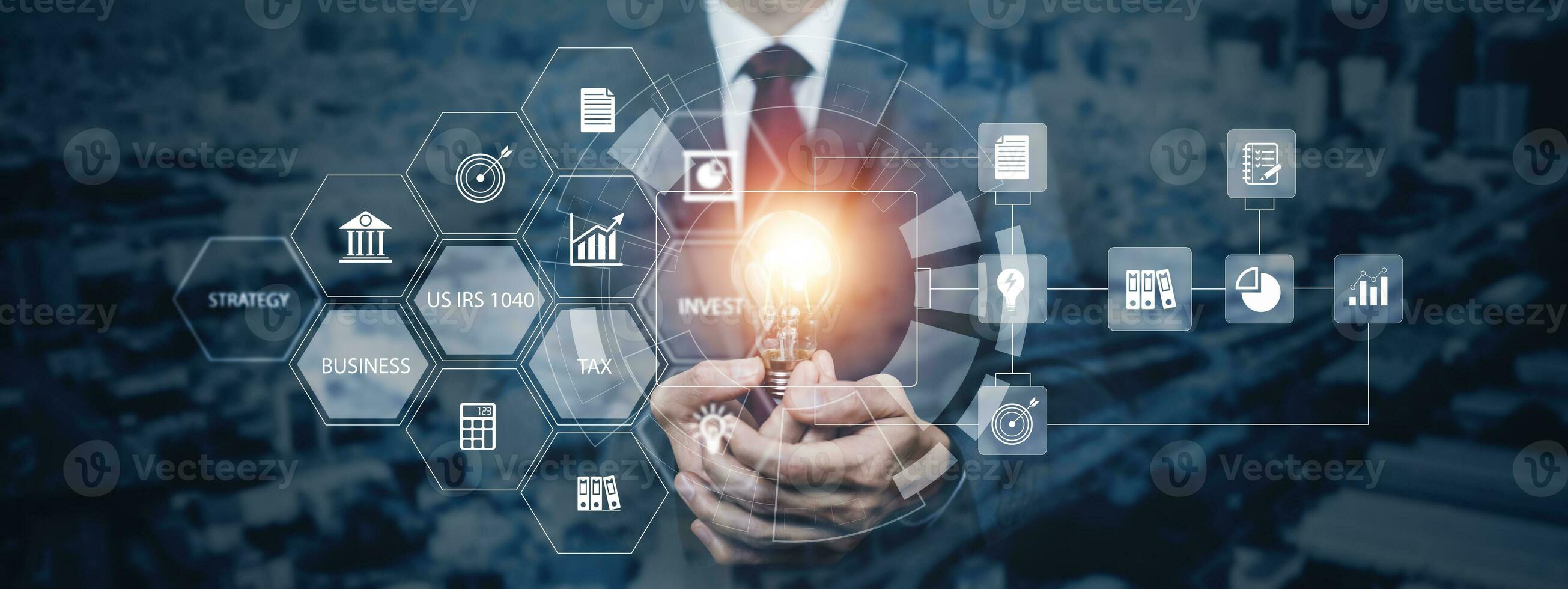 Businessman holding glowing light bulb with AI Data Management System on the computer, Hands working on a laptop cloud network graphic overlay, connected to the database. Corporate strategy finance photo