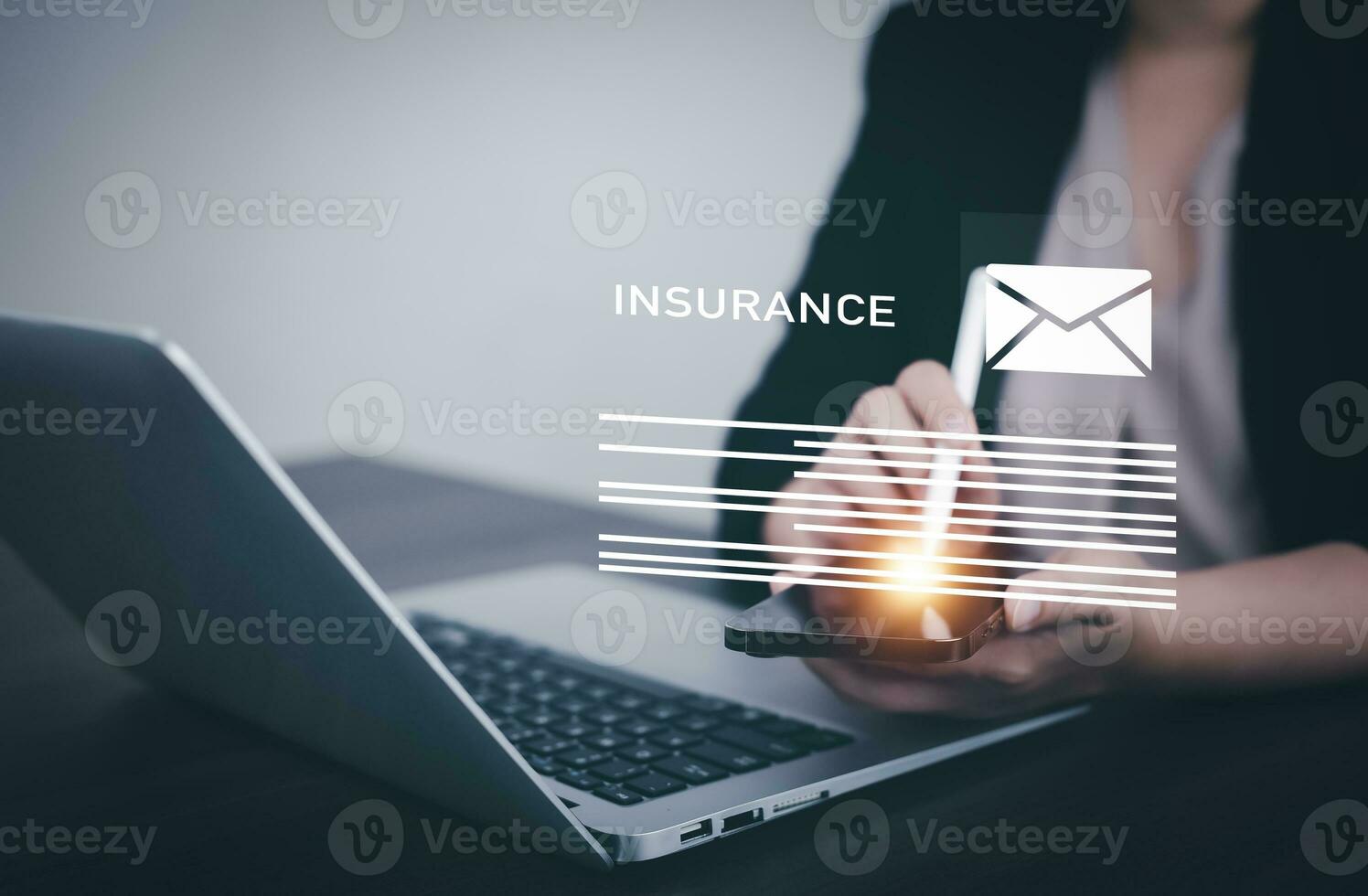 Business people working on laptop with virtual screen. Online documentation database, IT consultant being set up Virtual Document Management System with laptop,Software for archiving corporate files. photo