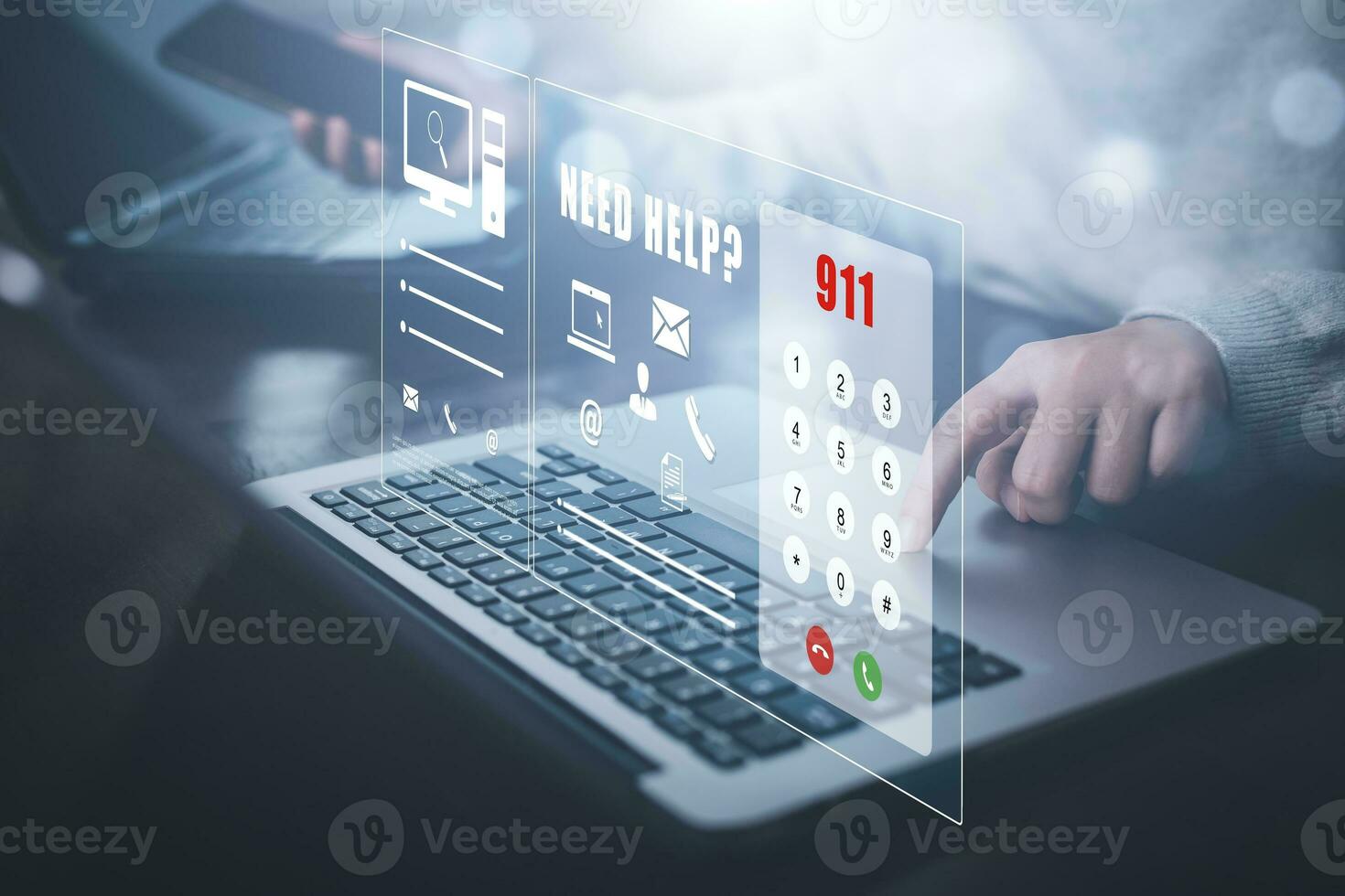 SOS with Emergency app concept, Business people using a laptop and touch bar Emergency app at home, call phone, Chat message icon, Emergency application from smartphone for elderly, call for help photo