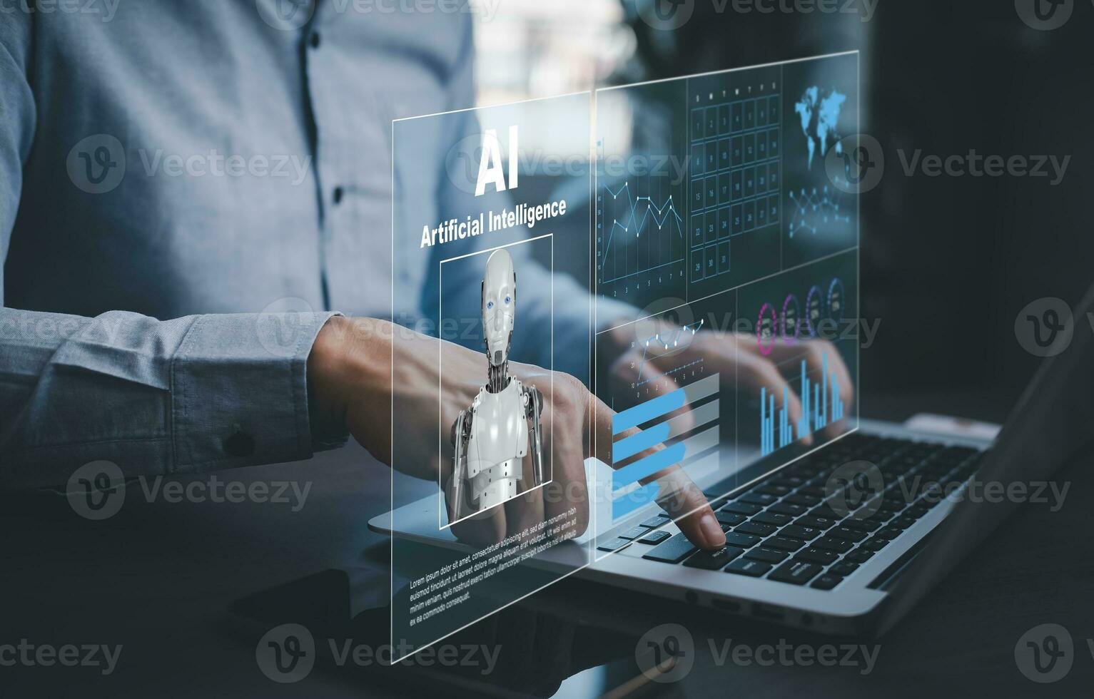 Programmer people working and touch virtual screen AI, artificial intelligence software engineer coding on laptop computers with technology icons and binary code, big data, coding Ai bot digital photo