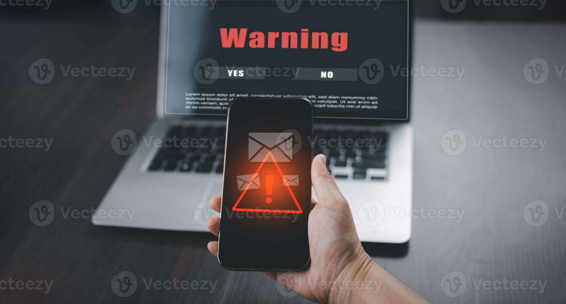 notification error and maintenance with triangle caution warning sign for notification error, Programmer using laptop with triangle caution warning sign, hacker attacks , cyber crime, cyber security photo