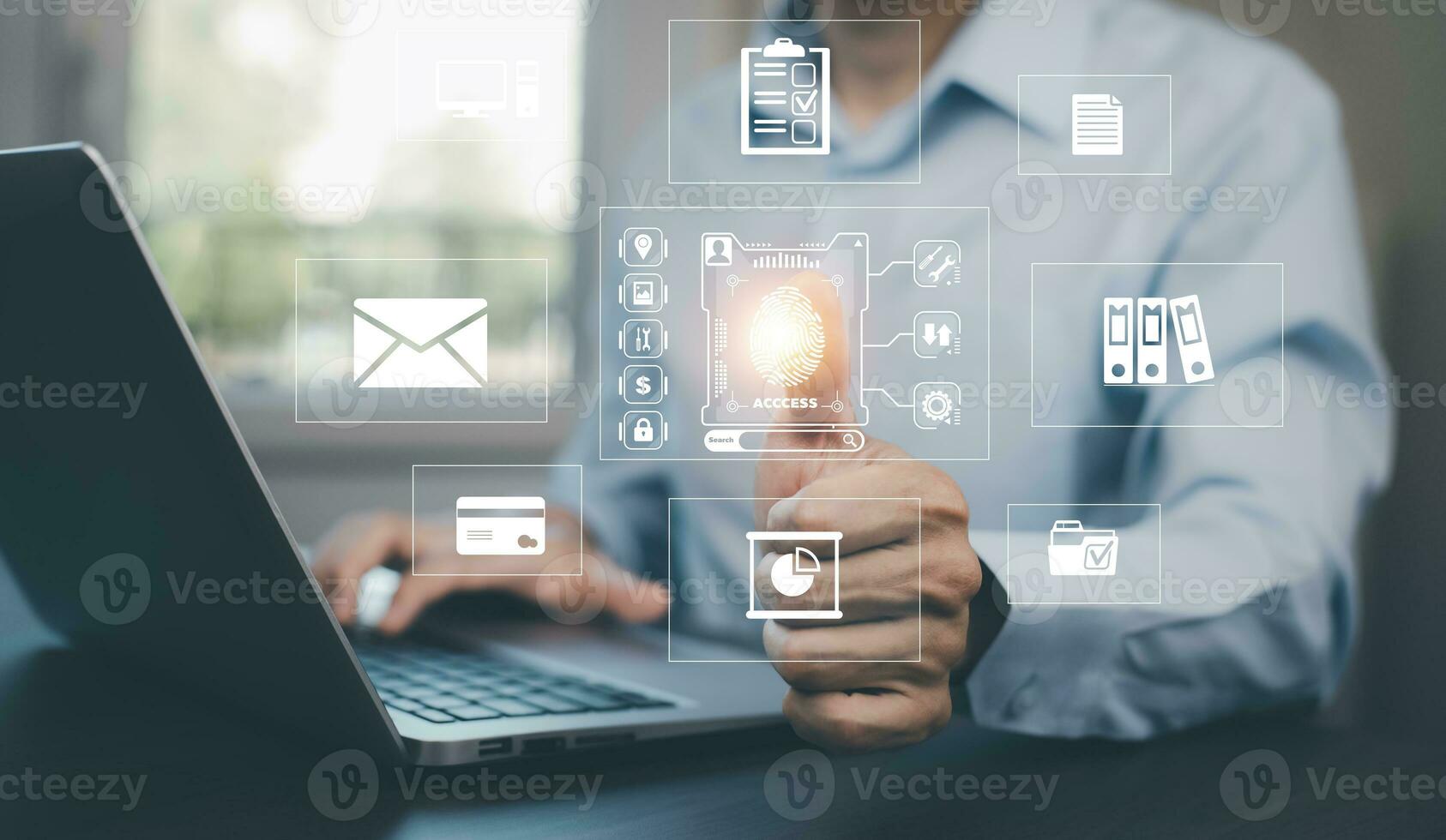 Hand touch fingerprint with virtual global with cyber security, login, User, identification information cyber security and encryption, secure access to users personal information, secure Internet photo