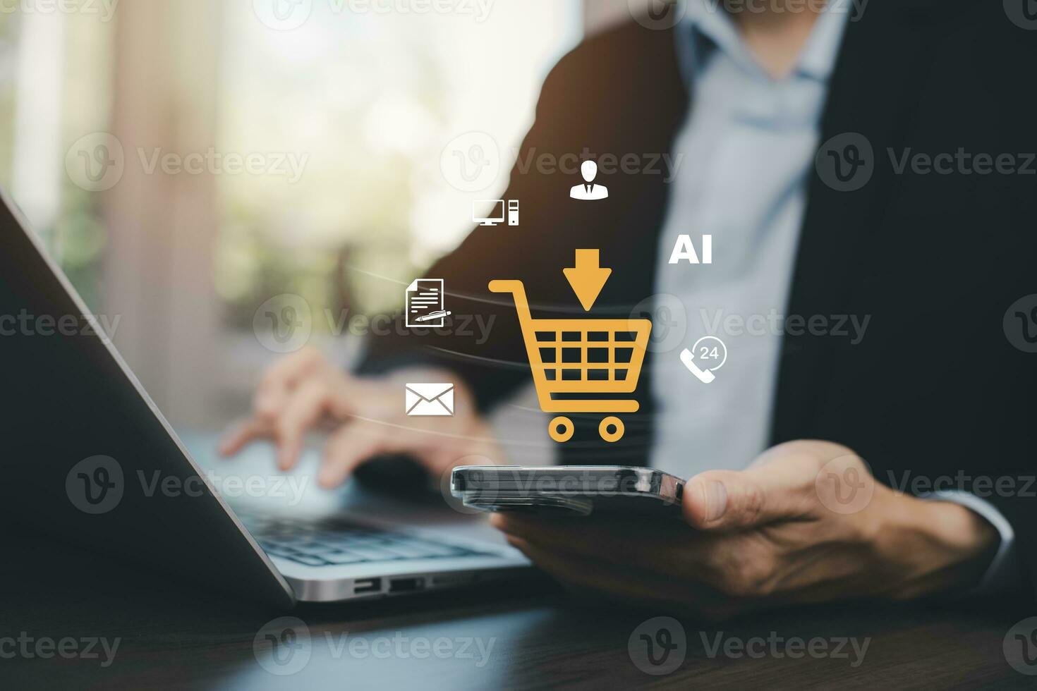Businessman using a laptop with online shopping concept, marketplace website with virtual interface of online Shopping cart part of the network, Online shopping business with selecting shopping cart. photo