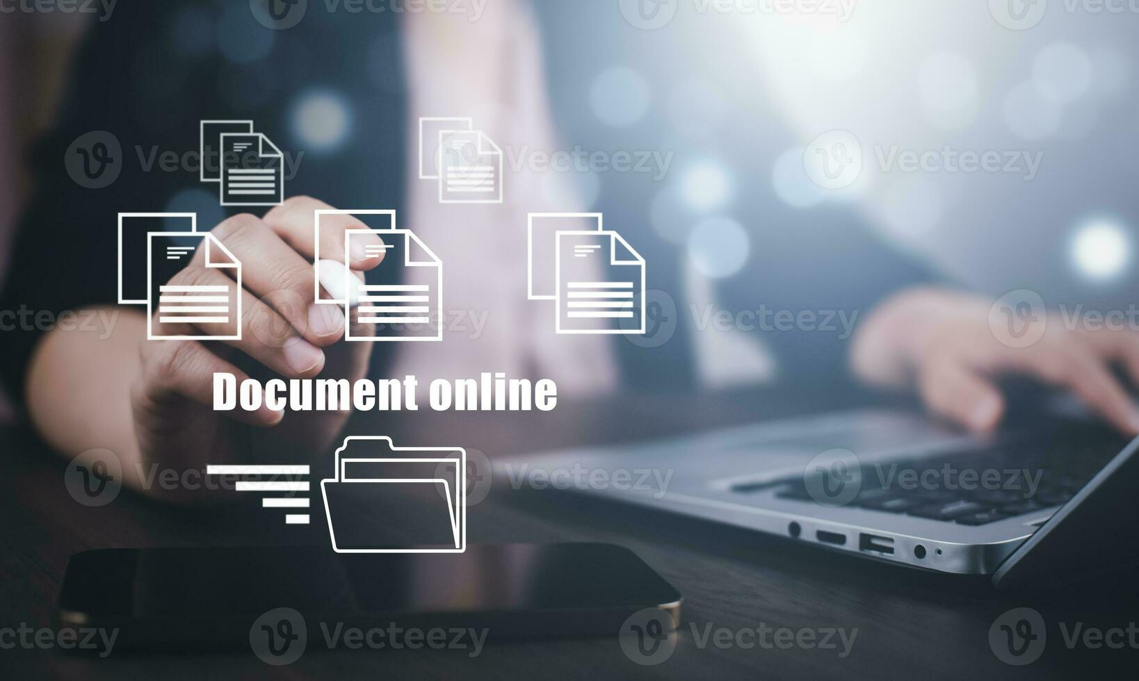 Business people working on laptop with virtual screen. Online documentation database, IT consultant being set up Virtual Document Management System with laptop,Software for archiving corporate files. photo