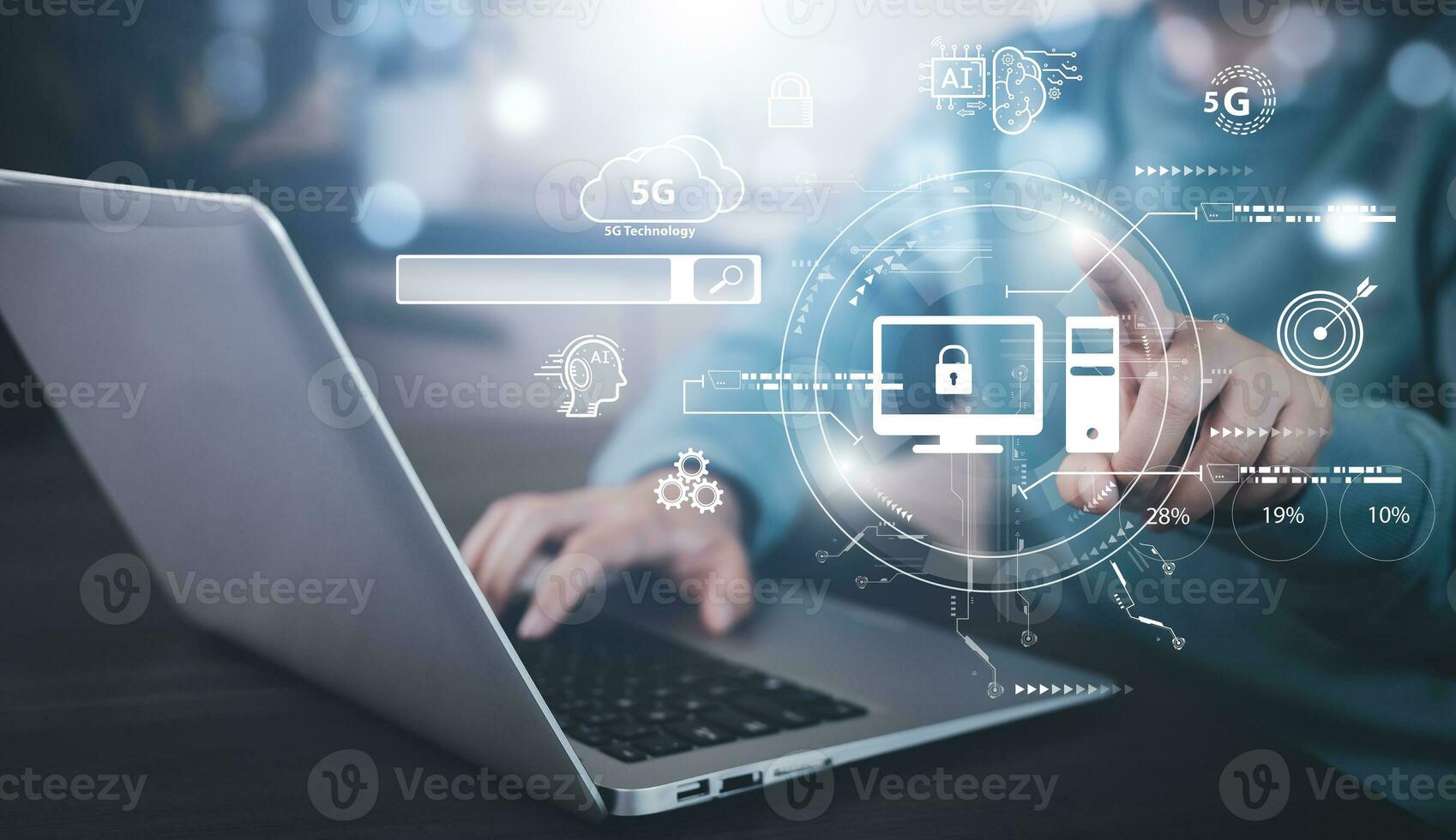 Programmer people working and touch virtual screen AI, artificial intelligence software engineer coding on laptop computers with technology icons and binary code, big data, coding Ai bot digital photo